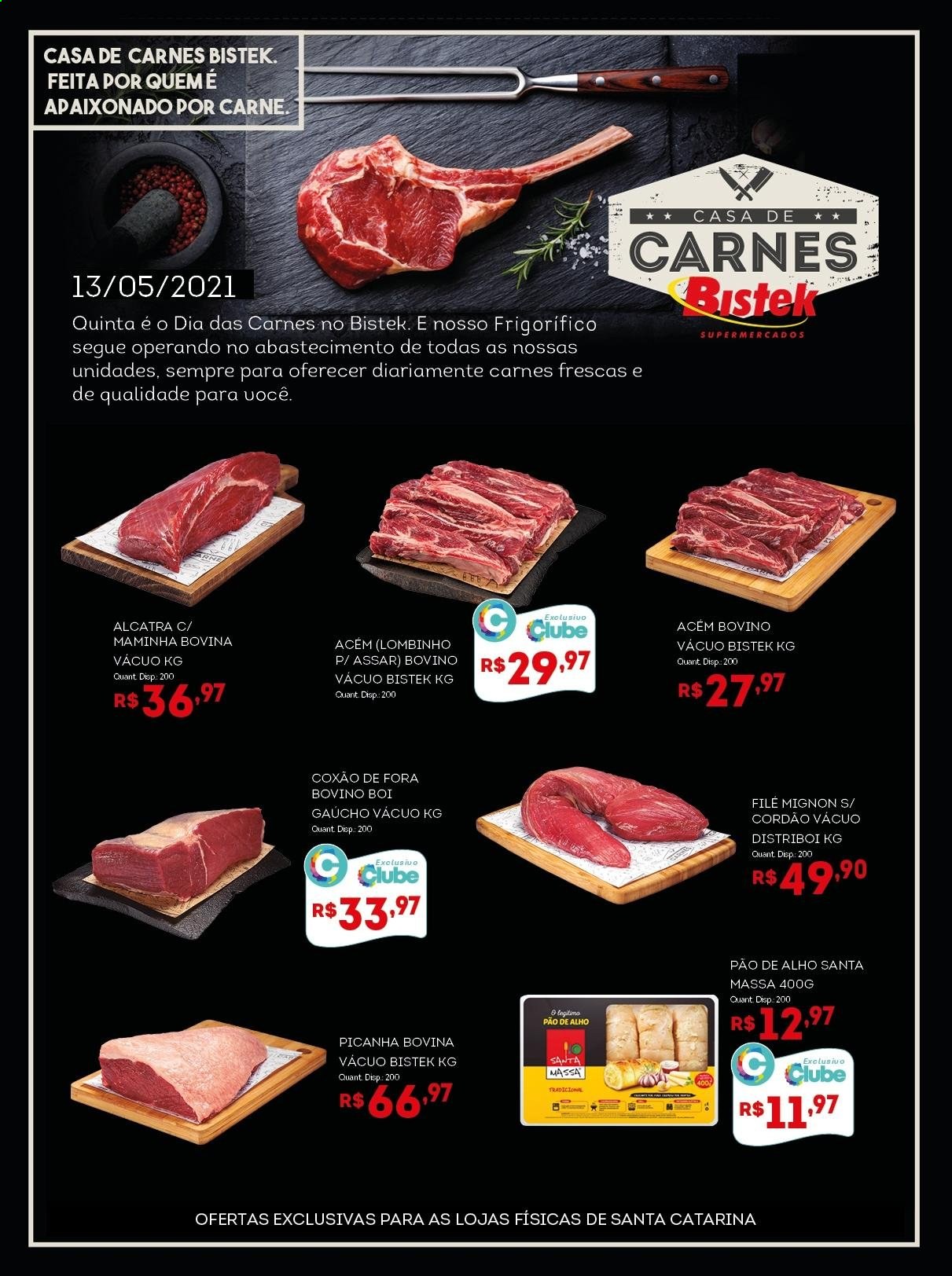 thumbnail - Folheto Bistek Supermercados - 13/05/2021 - 13/05/2021 - Produtos em promoção - picanha, carne, pão, pão de alho, file-mignon, alcatra. Página 1.
