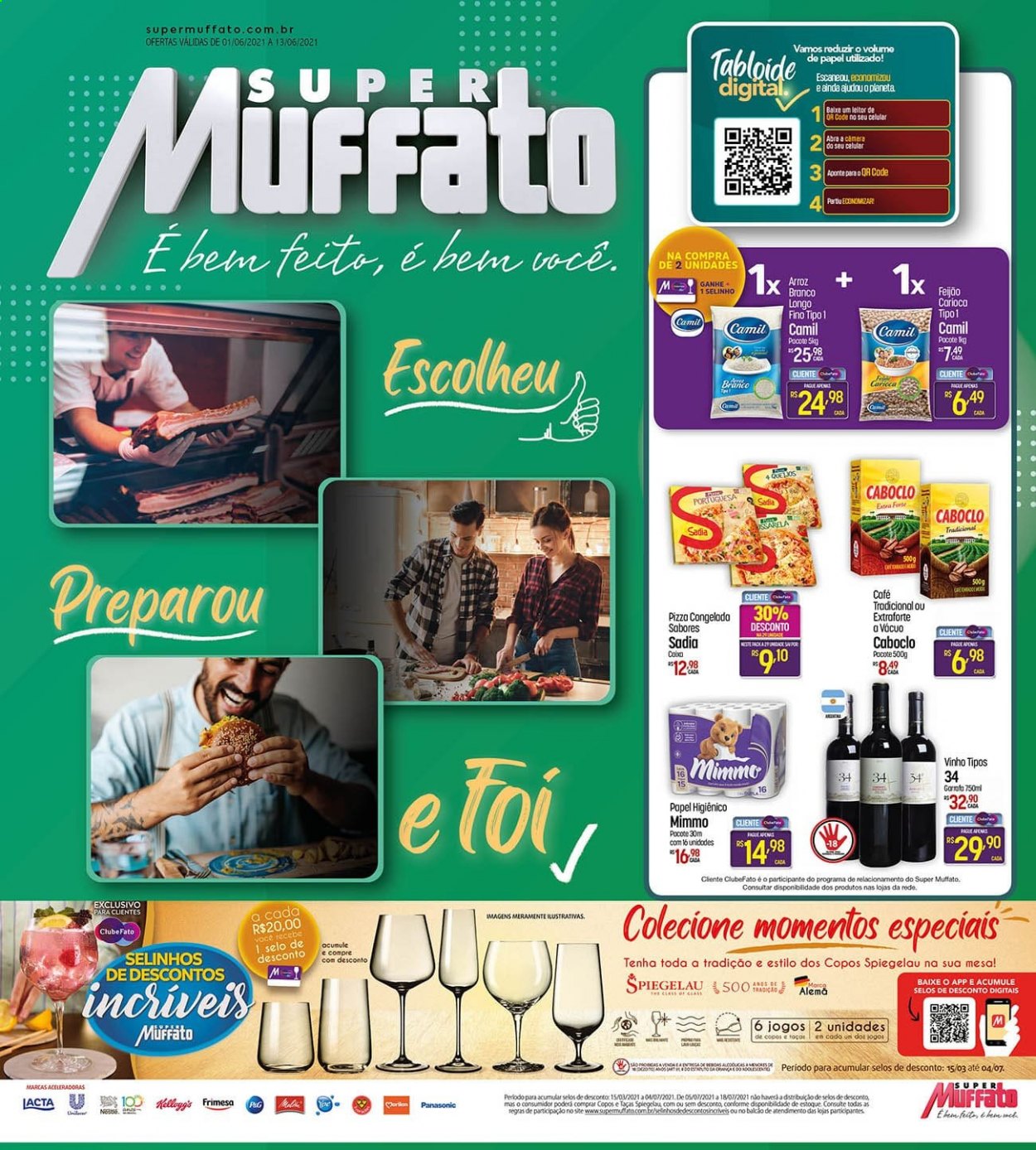 thumbnail - Folheto Super Muffato - 01/06/2021 - 13/06/2021 - Produtos em promoção - Panasonic, feijão, pizza, arroz, arroz branco, vinho, papel higiénico, taça. Página 1.