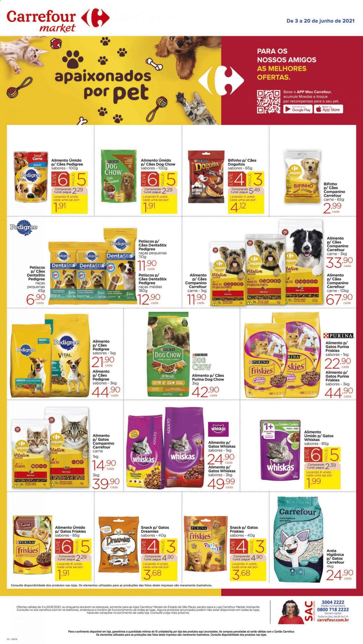 thumbnail - Folheto Carrefour Market - 03/06/2021 - 20/06/2021 - Produtos em promoção - figado, perú, cordeiro, alimentos para cães, Friskies, Pedigree, purina, Whiskas. Página 1.