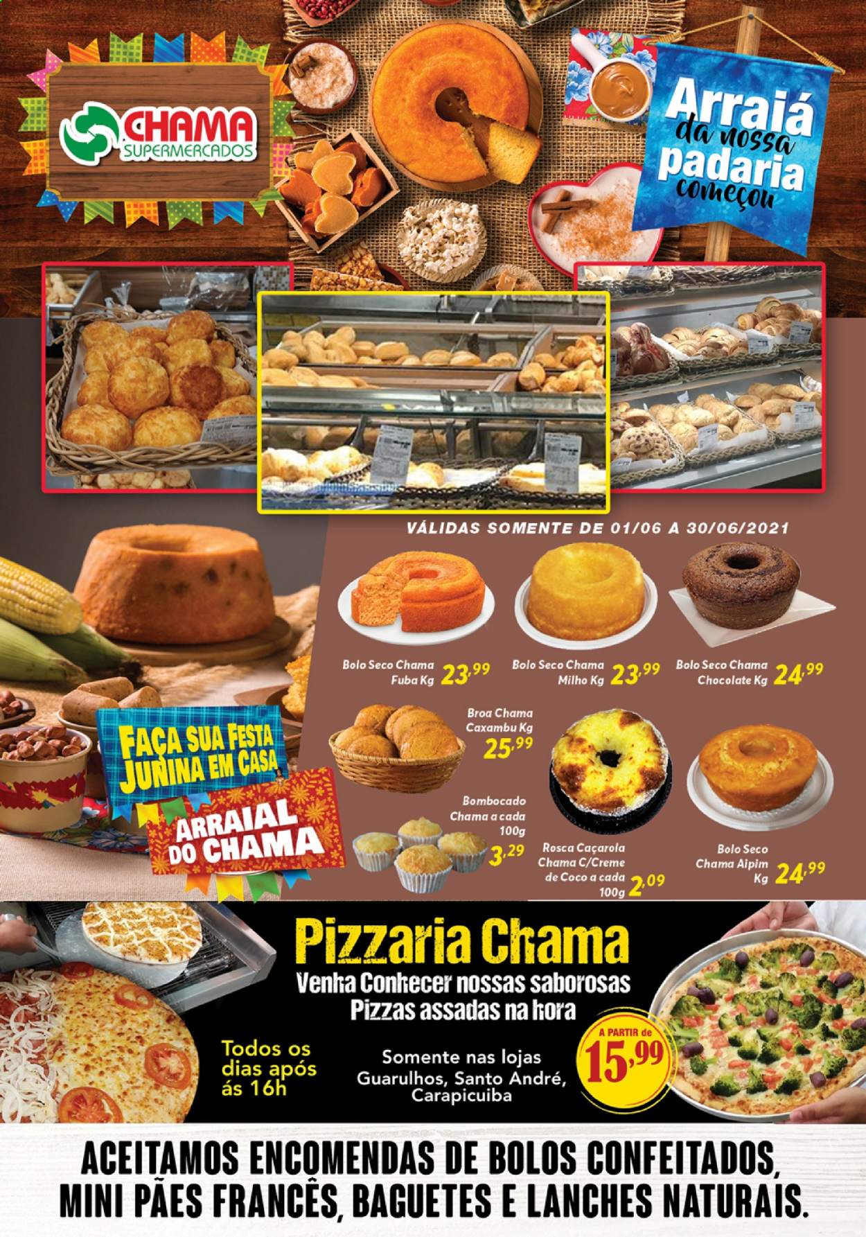 thumbnail - Folheto Chama Supermercados - 01/06/2021 - 30/06/2021 - Produtos em promoção - bolo, pizza, chocolate, caçarola. Página 1.