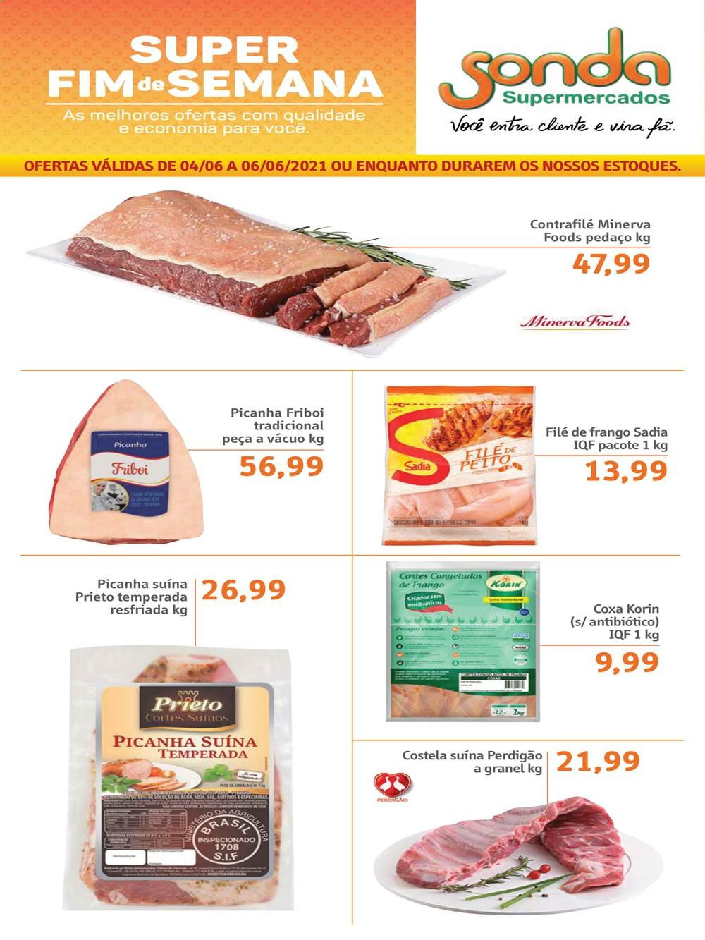 thumbnail - Folheto Sonda Supermercados - 04/06/2021 - 06/06/2021 - Produtos em promoção - Friboi, picanha, costela, costela suína, Perdigão, filé de frango. Página 1.