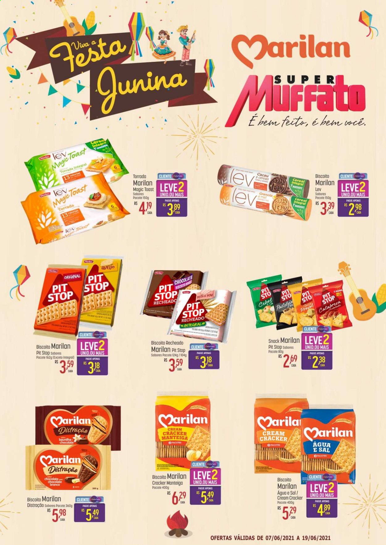 thumbnail - Folheto Super Muffato - 07/06/2021 - 19/06/2021 - Produtos em promoção - perú, queijo, manteiga, chocolate, biscoito, biscoito recheado, chocolate branco, cracker, sal, granola. Página 1.