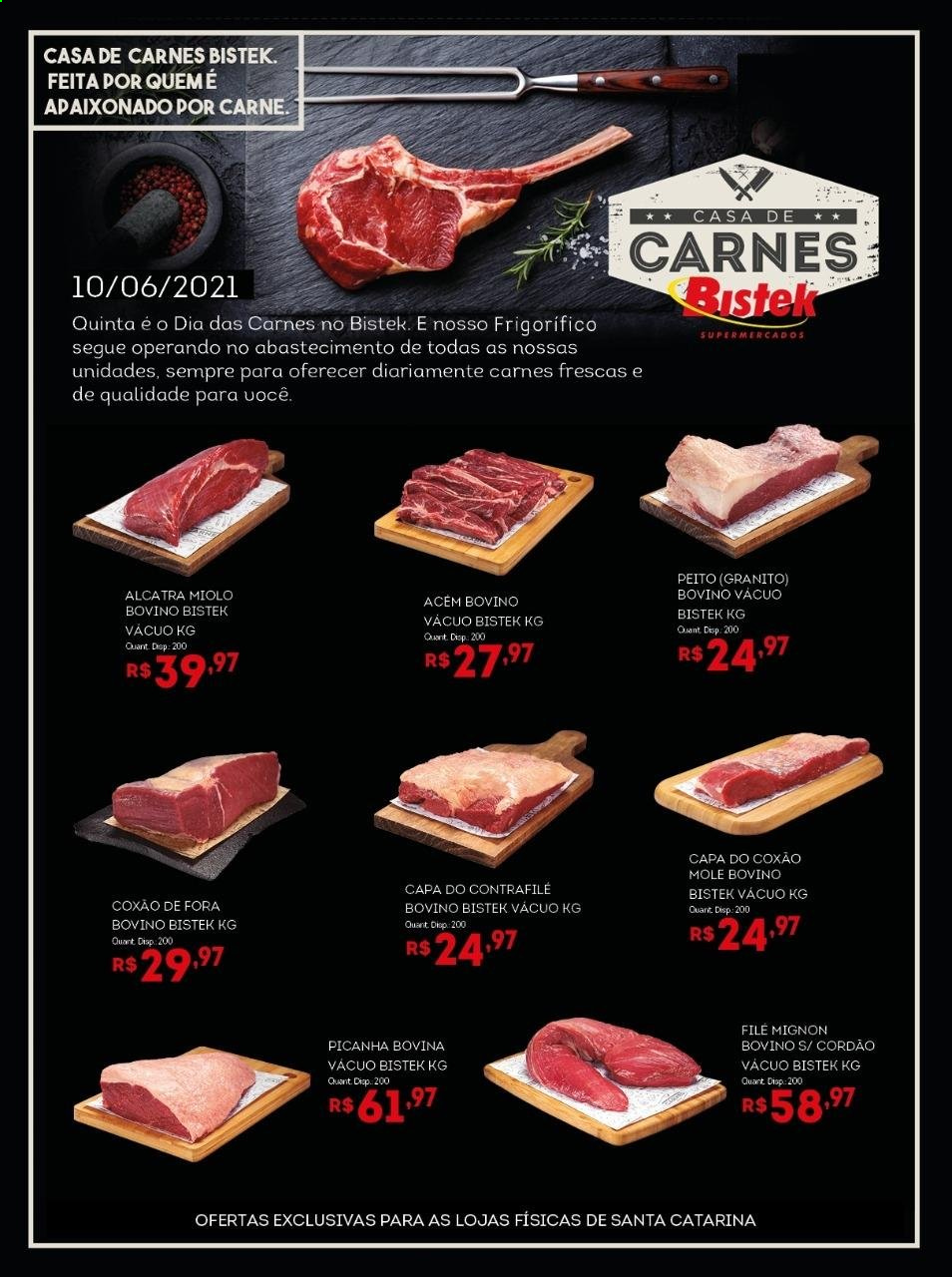 thumbnail - Folheto Bistek Supermercados - 10/06/2021 - 10/06/2021 - Produtos em promoção - picanha, carne, file-mignon, alcatra, coxão mole. Página 1.