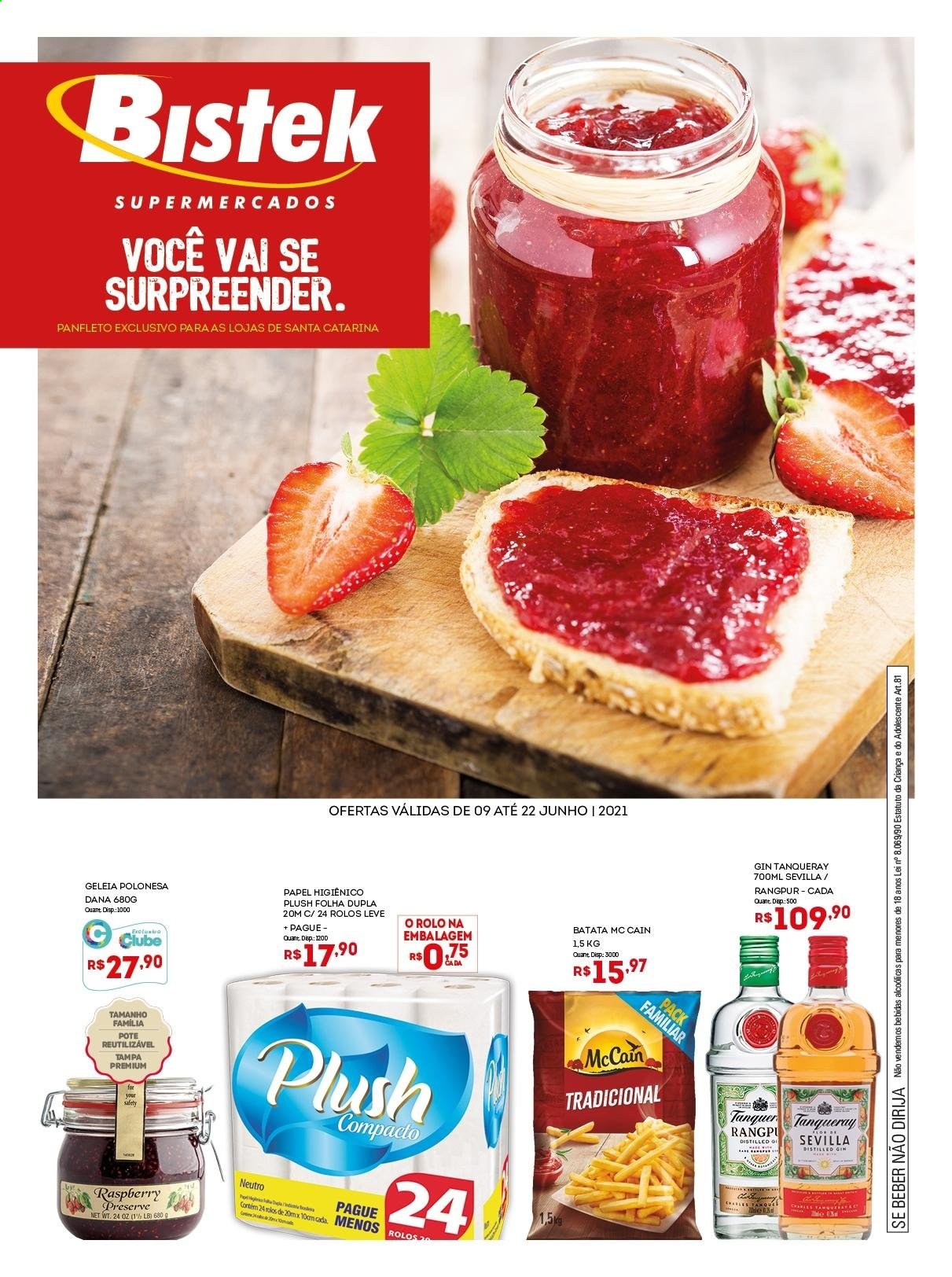 thumbnail - Folheto Bistek Supermercados - 09/06/2021 - 22/06/2021 - Produtos em promoção - McCain, geleia, gin, papel higiénico. Página 1.