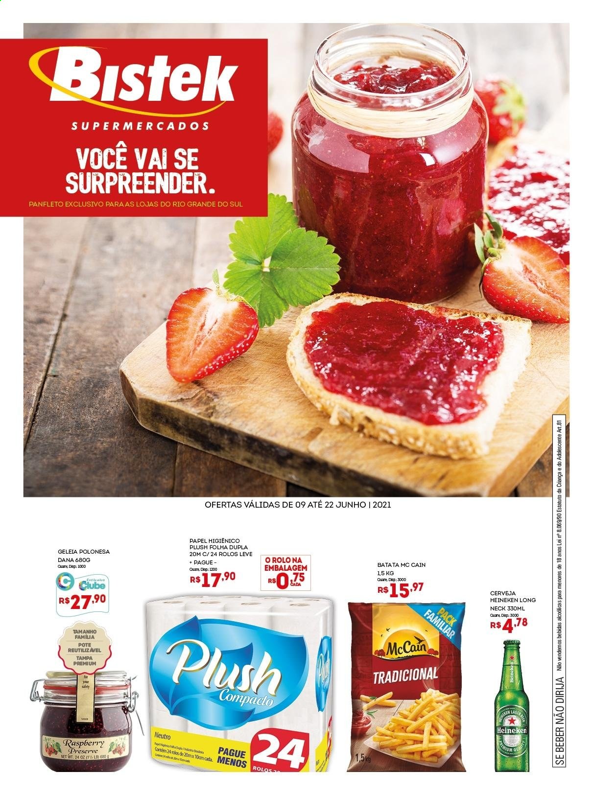 thumbnail - Folheto Bistek Supermercados - 09/06/2021 - 22/06/2021 - Produtos em promoção - Heineken, batata, McCain, geleia, papel higiénico. Página 1.