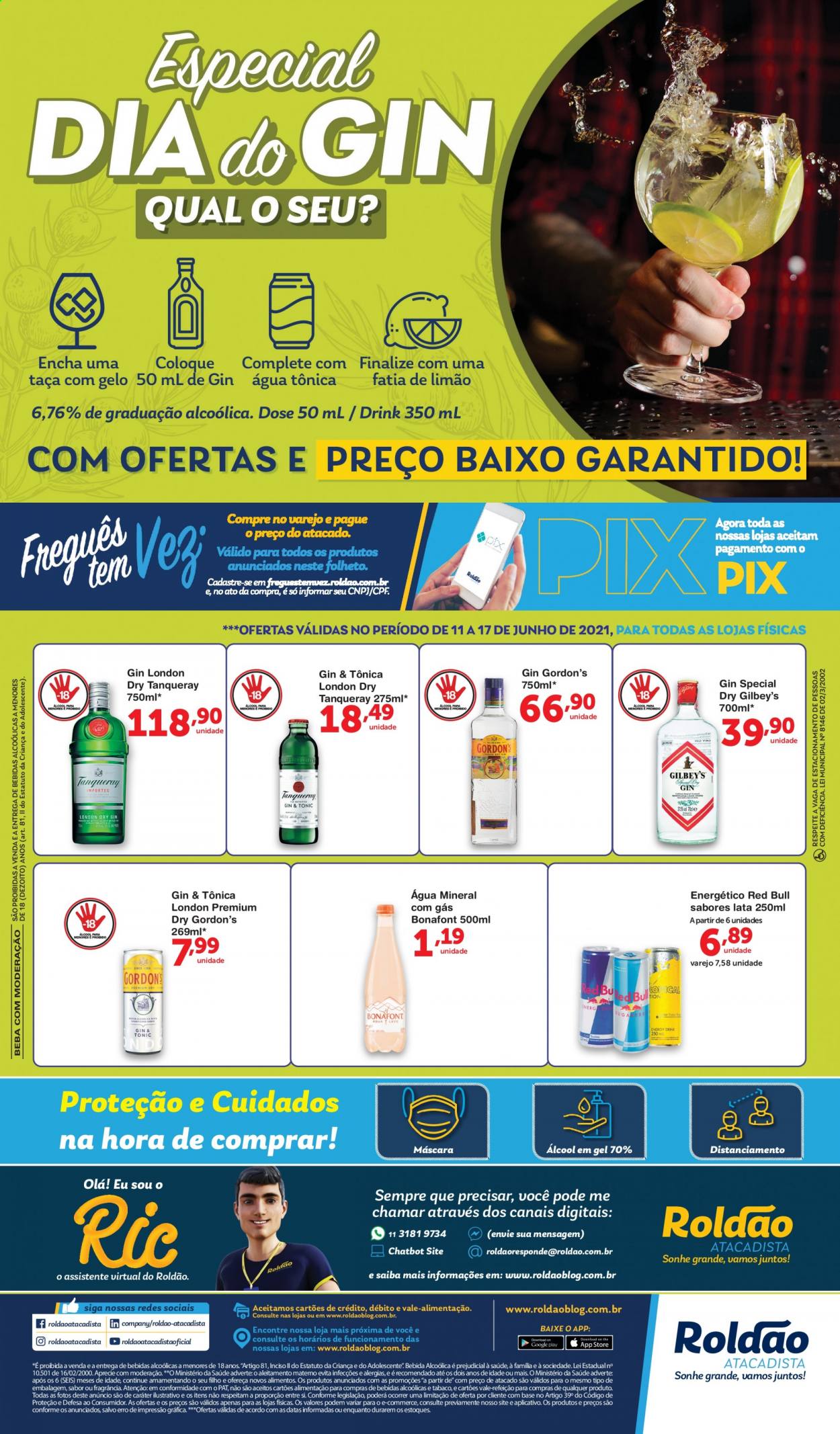 thumbnail - Folheto Roldão - 11/06/2021 - 17/06/2021 - Produtos em promoção - Red Bull, água mineral, gin, máscara. Página 1.