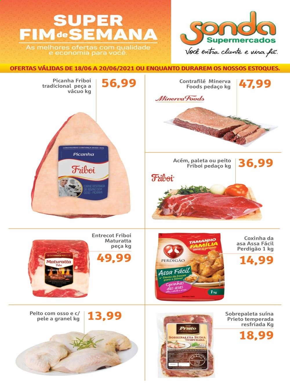 thumbnail - Folheto Sonda Supermercados - 18/06/2021 - 20/06/2021 - Produtos em promoção - Friboi, picanha, carne, Perdigão. Página 1.