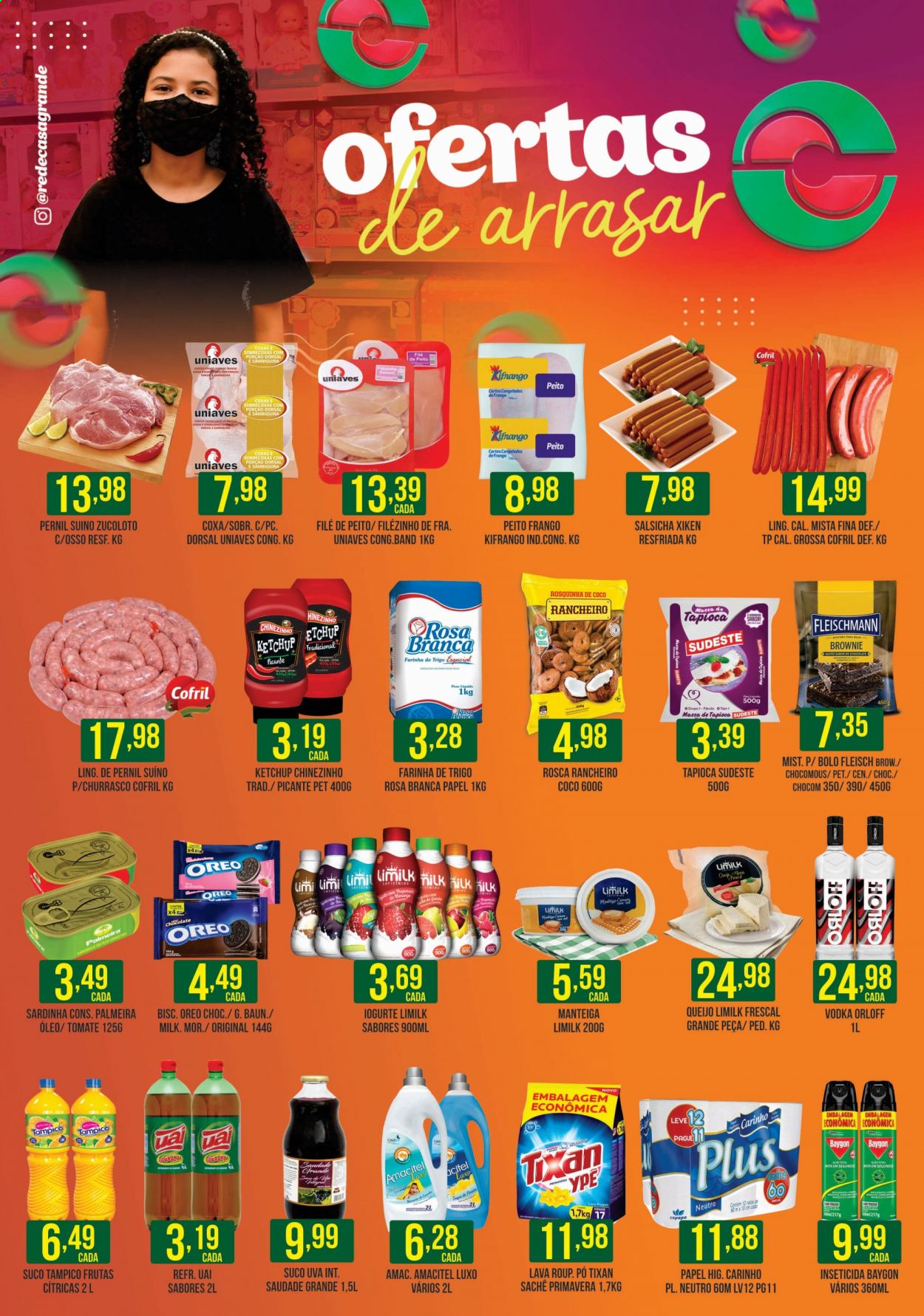 thumbnail - Folheto Casagrande Supermercados - 21/06/2021 - 04/07/2021 - Produtos em promoção - pernil, pernil suíno, frango, salsicha, queijo, Oreo, manteiga, farinha, farinha de trigo, sardinhas, ketchup, suco, vodka, Ypê, Tixan, inseticida. Página 1.