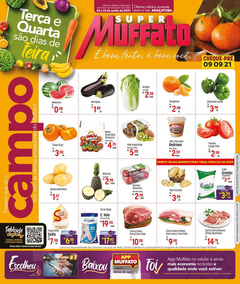 thumbnail - Folheto Super Muffato - 22/06/2021 - 23/06/2021 - Produtos em promoção - kiwi, melancia, acelga, alho, carne, pernil, carne suína, leite, bandeja. Página 1.