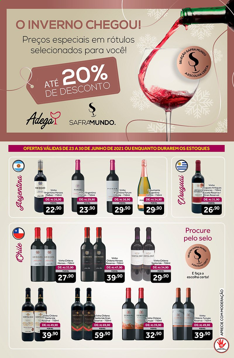 thumbnail - Folheto Shibata Supermercados - 23/06/2021 - 30/06/2021 - Produtos em promoção - vinho, espumante, vinho argentino, vinho chileno, malbec. Página 1.