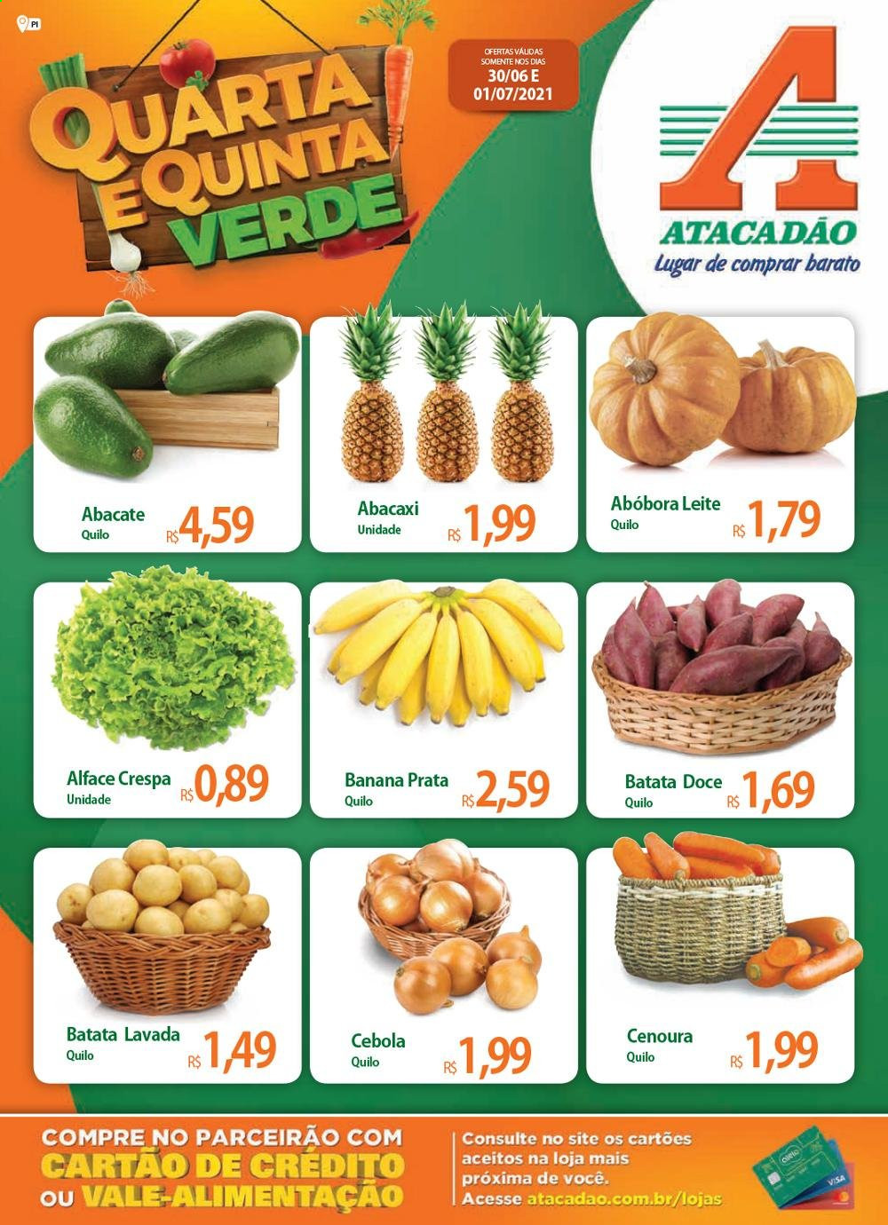thumbnail - Folheto Atacadão - 30/06/2021 - 01/07/2021 - Produtos em promoção - banana, abacaxi, abacate, batata-doce, alface, abóbora, cebola, cenoura, leite. Página 1.
