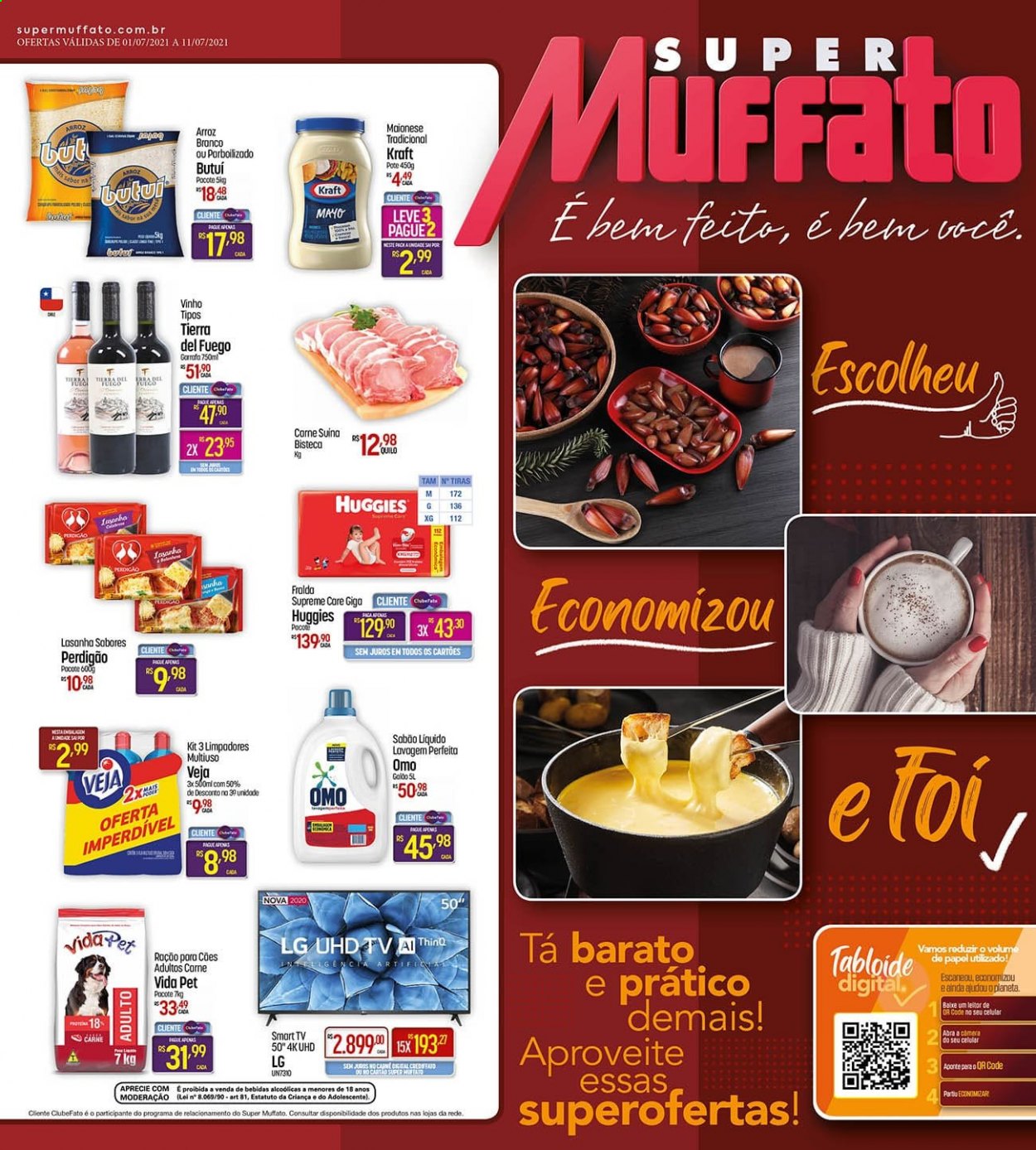thumbnail - Folheto Super Muffato - 01/07/2021 - 11/07/2021 - Produtos em promoção - LG, carne suína, Perdigão, lasanha, maionese, arroz branco, vinho, Huggies, fraldas, alimentos para cães, ração. Página 1.