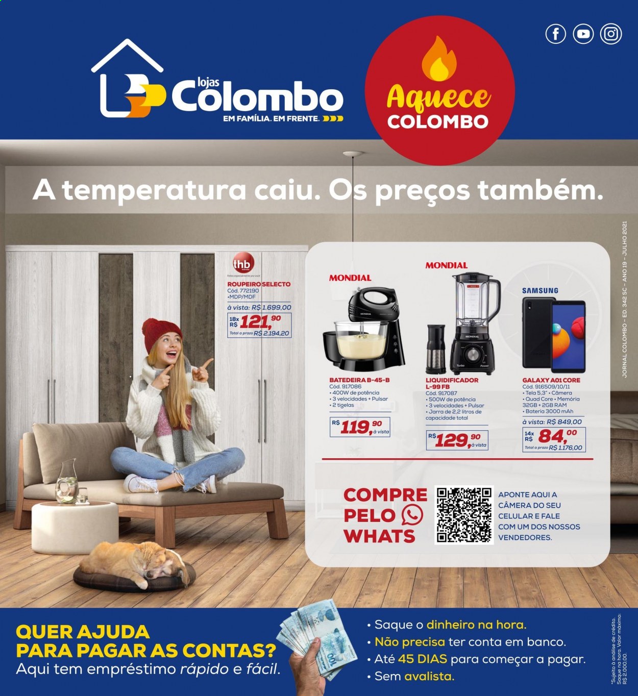 thumbnail - Folheto Lojas Colombo - 01/07/2021 - 31/07/2021 - Produtos em promoção - Samsung, jarra, tigela, bateria, Samsung Galaxy, liquidificador, roupeiro. Página 1.