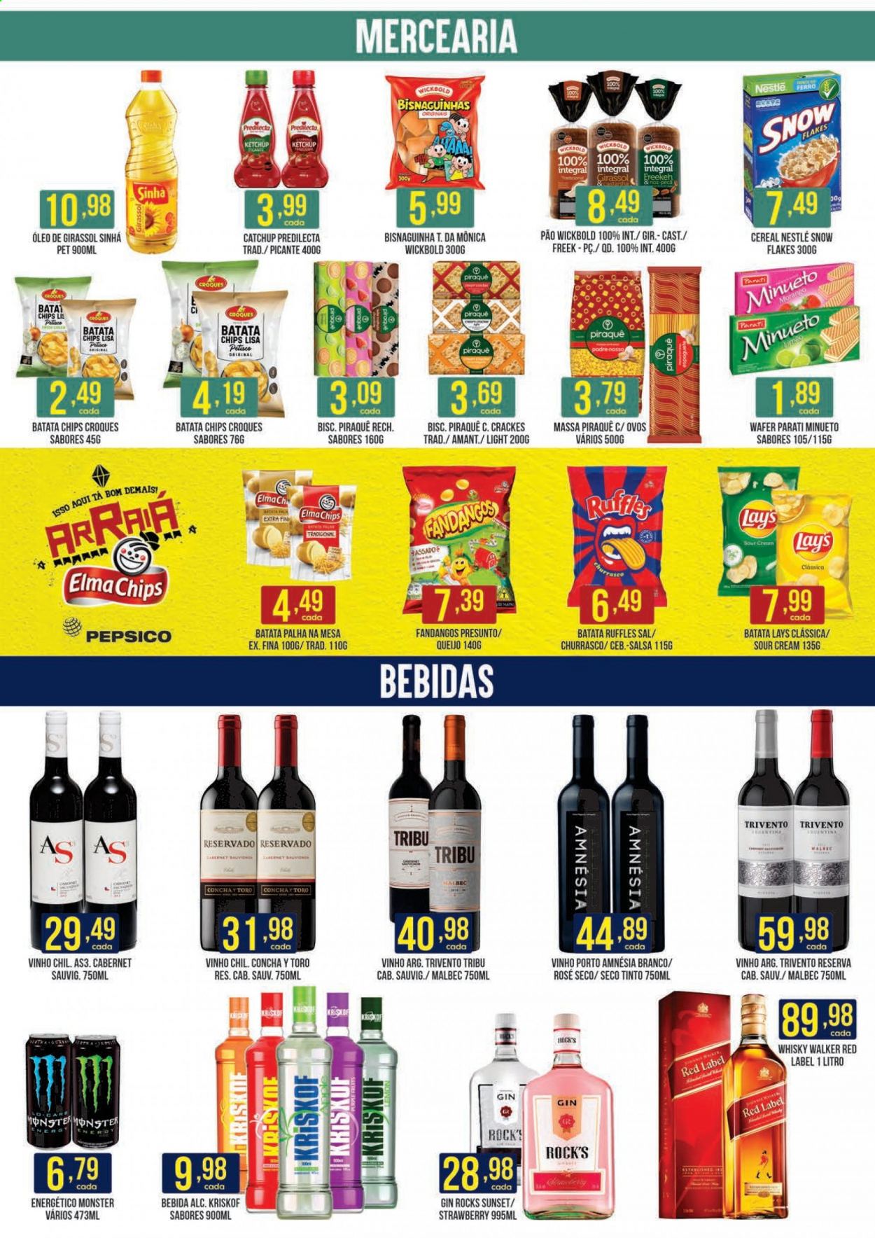 thumbnail - Folheto Casagrande Supermercados - 05/07/2021 - 25/07/2021 - Produtos em promoção - pão, batata palha, presunto, Nestlé, bisnaguinha, chips, Lay's, sal, ketchup, óleo de girassol, vinho, malbec, cabernet, gin, whiskey. Página 2.