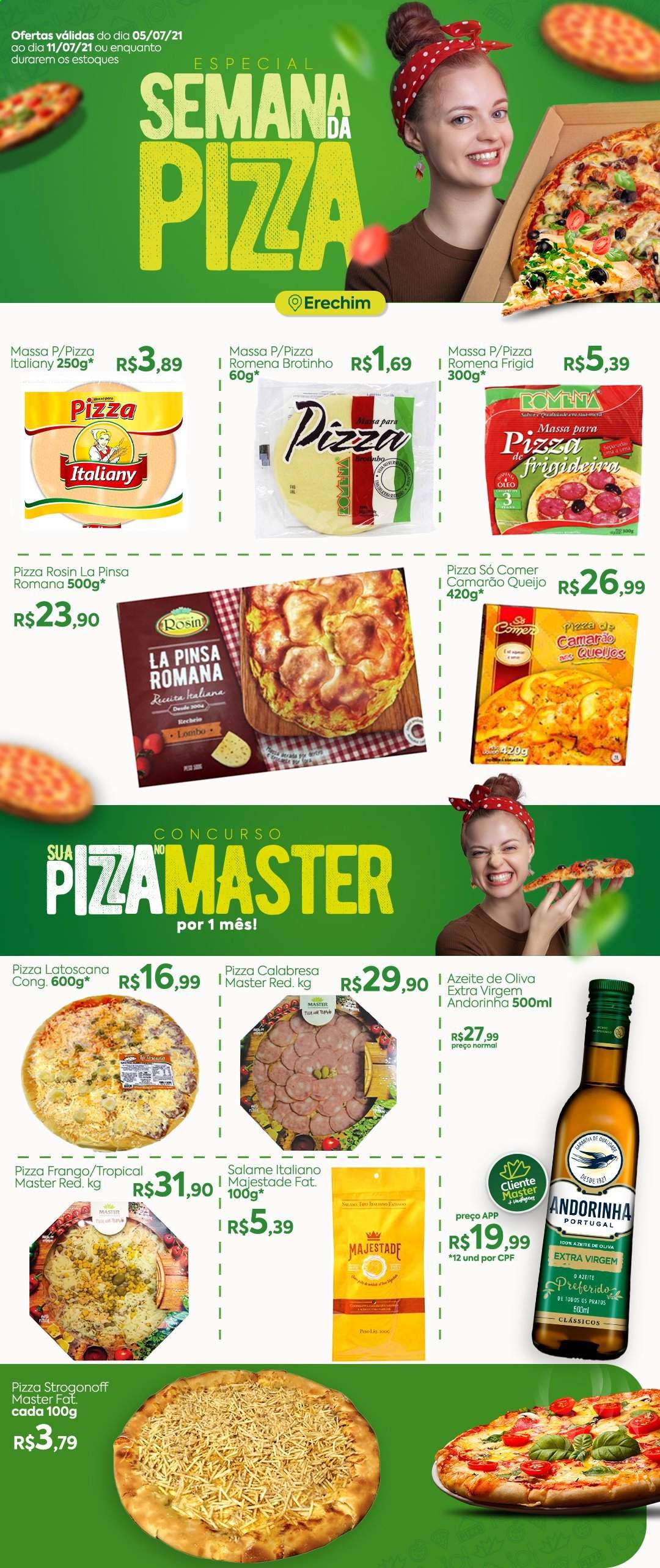 thumbnail - Folheto Master Supermercados - 05/07/2021 - 11/07/2021 - Produtos em promoção - lombo, strogonoff, salame, queijo, massa para pizza, azeite de oliva, patatas, prato. Página 1.