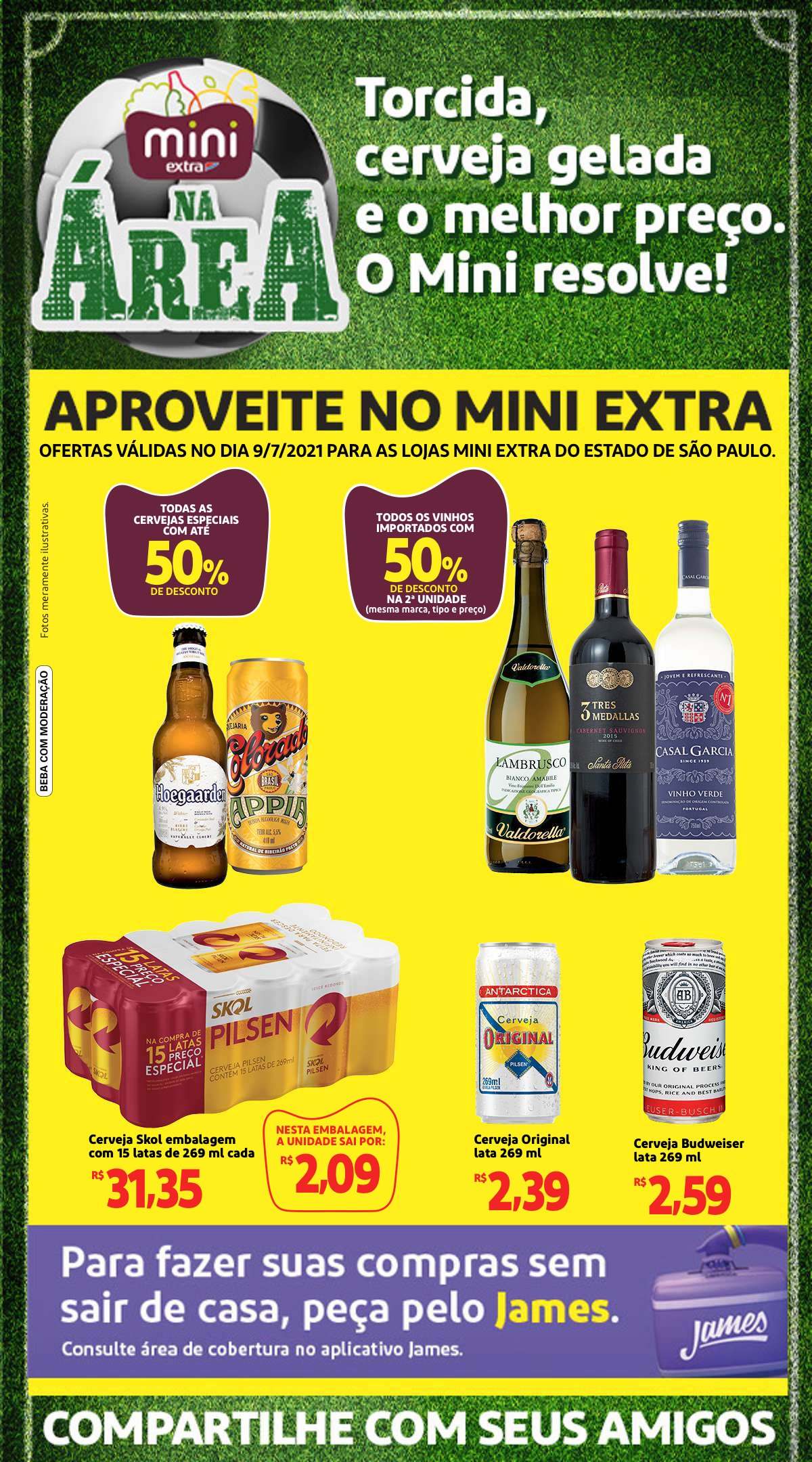 thumbnail - Folheto Mini Extra - 09/07/2021 - 09/07/2021 - Produtos em promoção - Skol, Budweiser, Antárctica, cerveja, vinho, cabernet, lambrusco, vinho verde. Página 1.