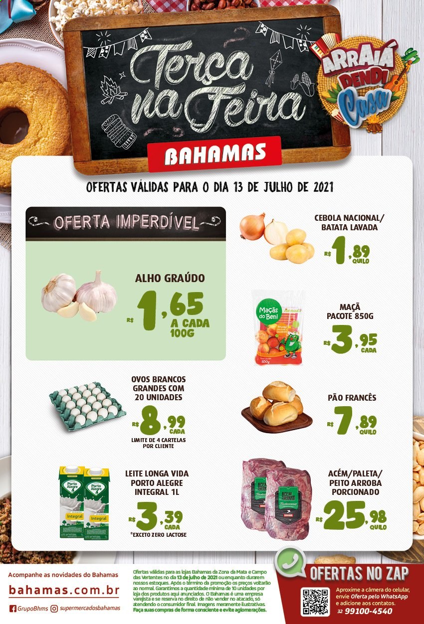 thumbnail - Folheto Bahamas Supermercados - 13/07/2021 - 13/07/2021 - Produtos em promoção - maçã, alho, cebola, pão, leite, Longa vida, ovos, ovos brancos, faca. Página 1.