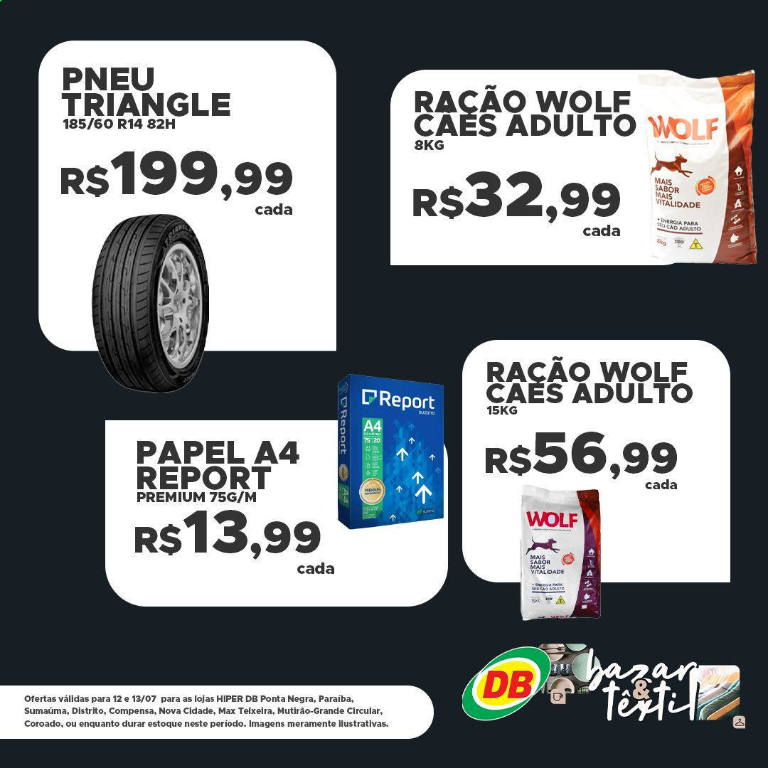 thumbnail - Folheto DB Supermercados - 12/07/2021 - 13/07/2021 - Produtos em promoção - papel A4, ração, pneu. Página 1.