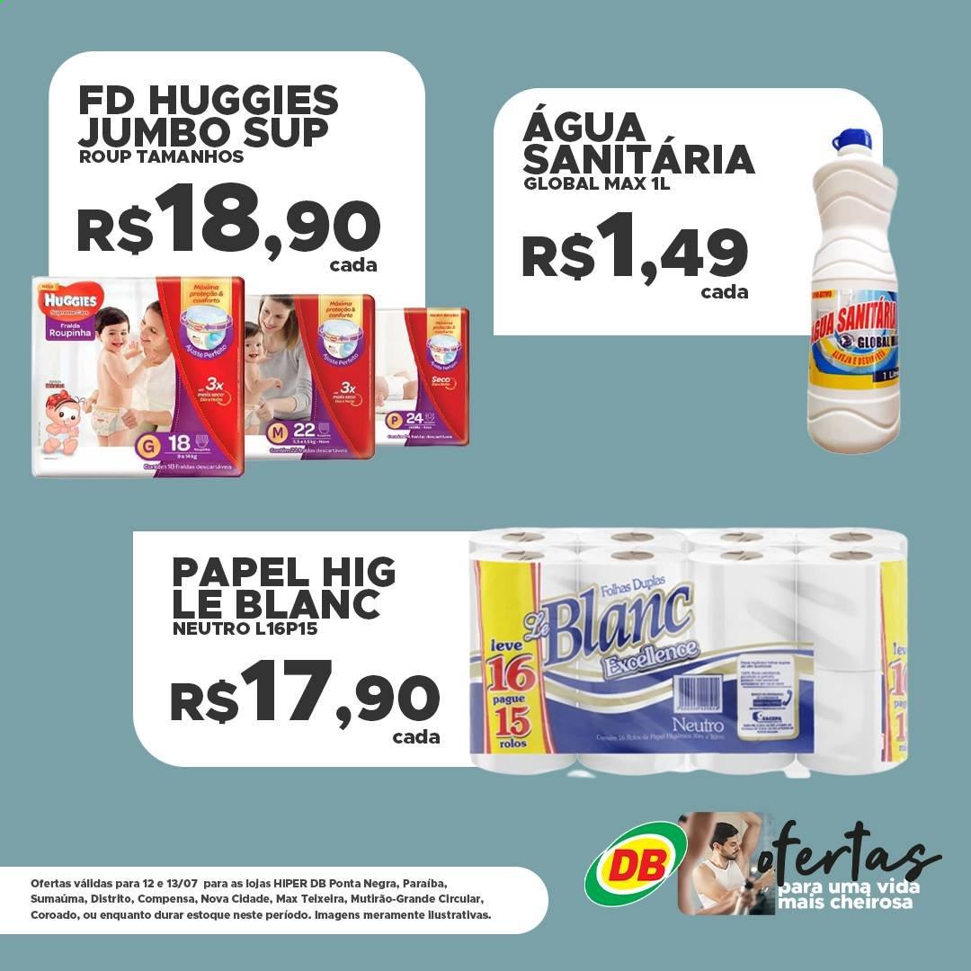 thumbnail - Folheto DB Supermercados - 12/07/2021 - 13/07/2021 - Produtos em promoção - Huggies, água sanitária. Página 1.