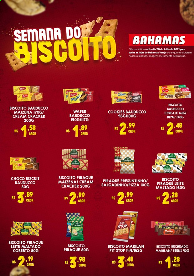 thumbnail - Folheto Bahamas Supermercados - 14/07/2021 - 20/07/2021 - Produtos em promoção - Marilan, pizza, biscoito, biscoito recheado, salgadinho, cracker, maizena. Página 1.