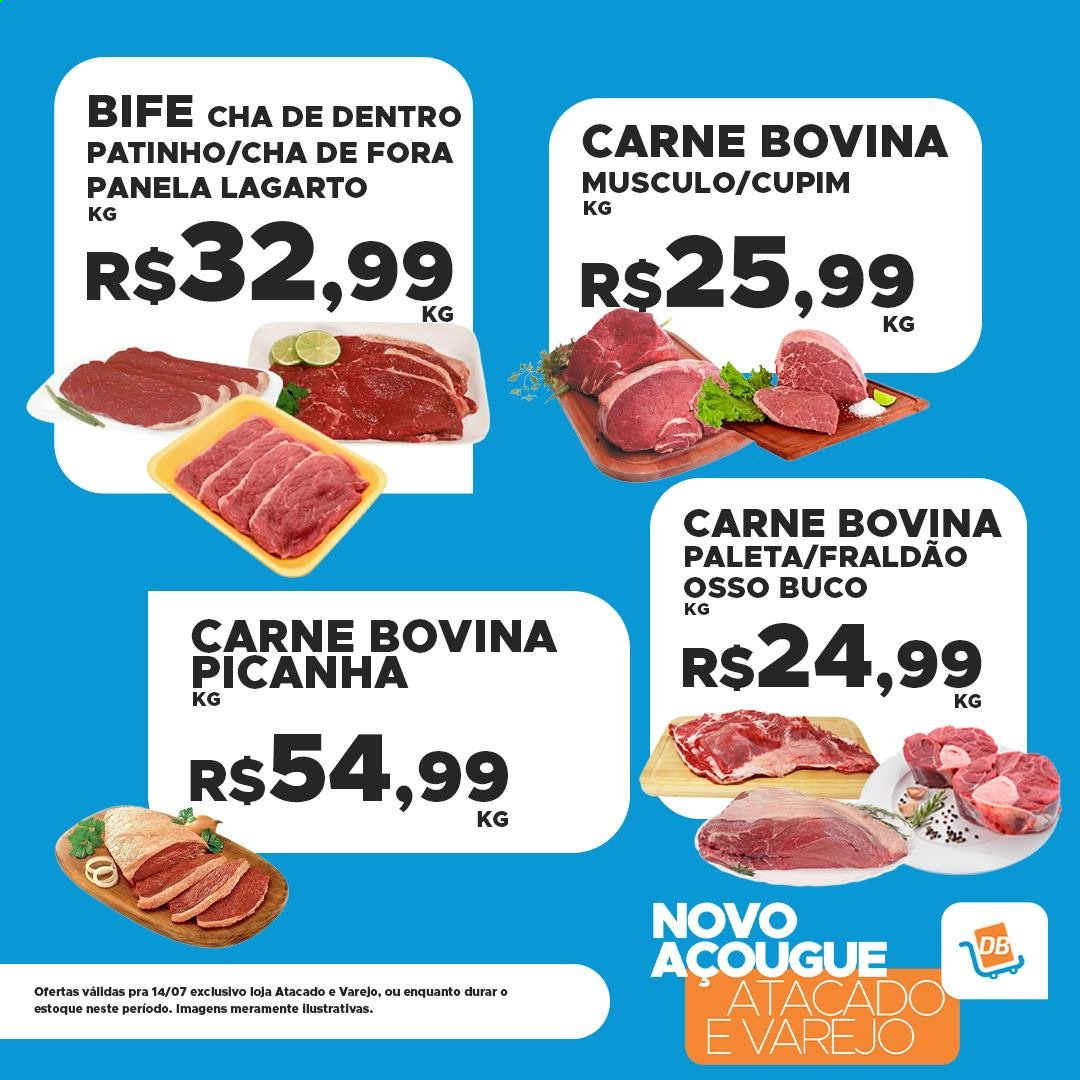 thumbnail - Folheto DB Supermercados - 14/07/2021 - 14/07/2021 - Produtos em promoção - picanha, bife, carne, carne bovina, lombo de bovino, chá, panela. Página 1.