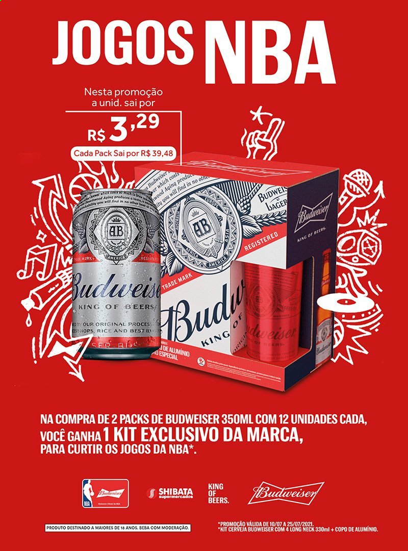 thumbnail - Folheto Shibata Supermercados - 10/07/2021 - 25/07/2021 - Produtos em promoção - Budweiser, cerveja, copo. Página 1.