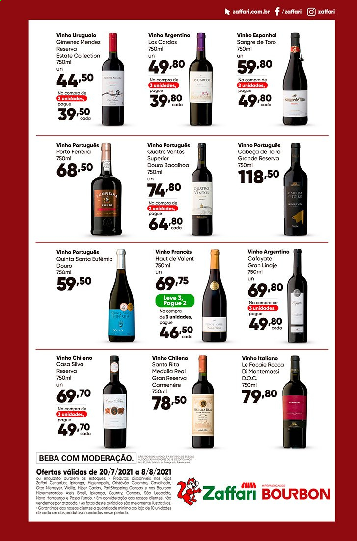 thumbnail - Folheto Záffari - 20/07/2021 - 08/08/2021 - Produtos em promoção - vinho, vinho argentino, vinho chileno, vinho italiano, vinho português, bourbon. Página 4.