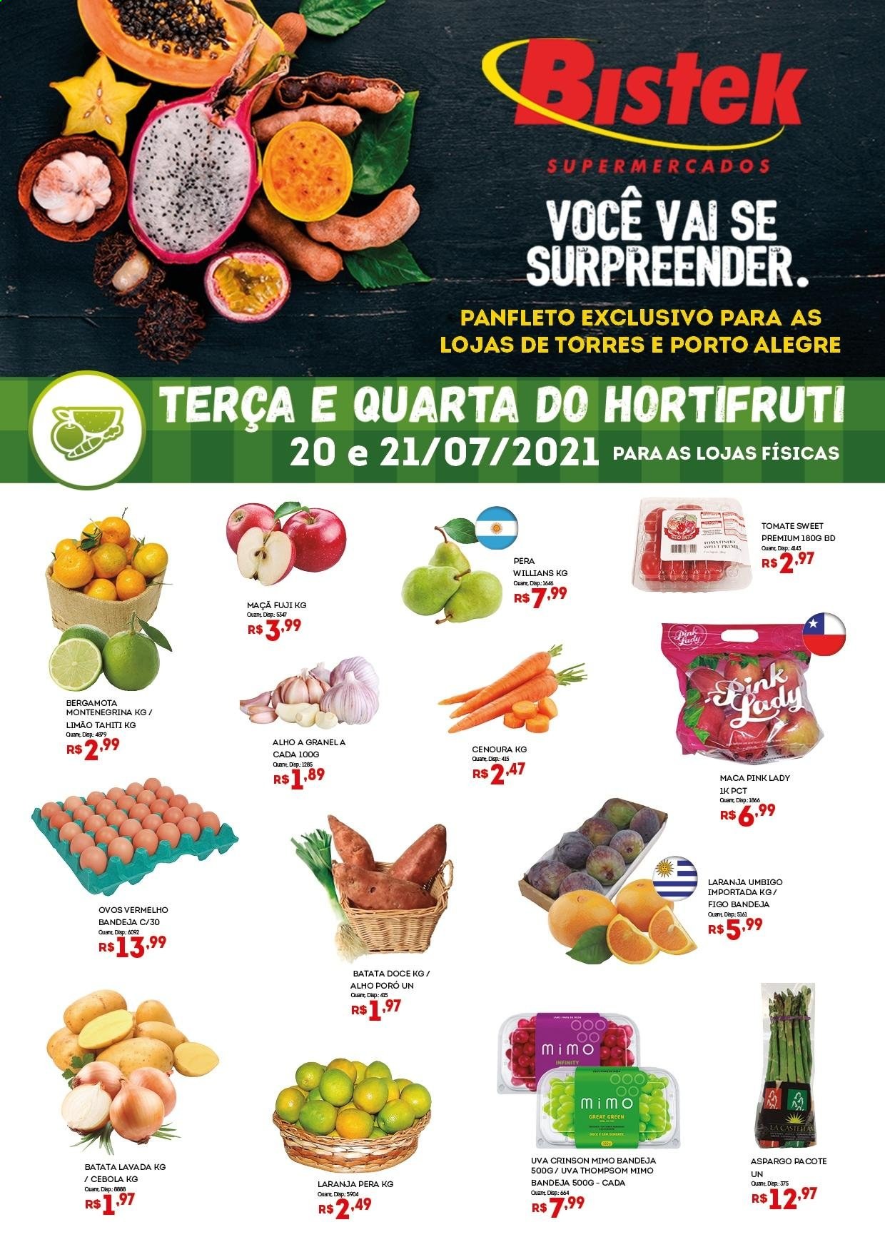 thumbnail - Folheto Bistek Supermercados - 20/07/2021 - 22/07/2021 - Produtos em promoção - maçã, pera, laranja, uva, limão, batata-doce, alho-poró, aspargo, espargos, ovos. Página 1.