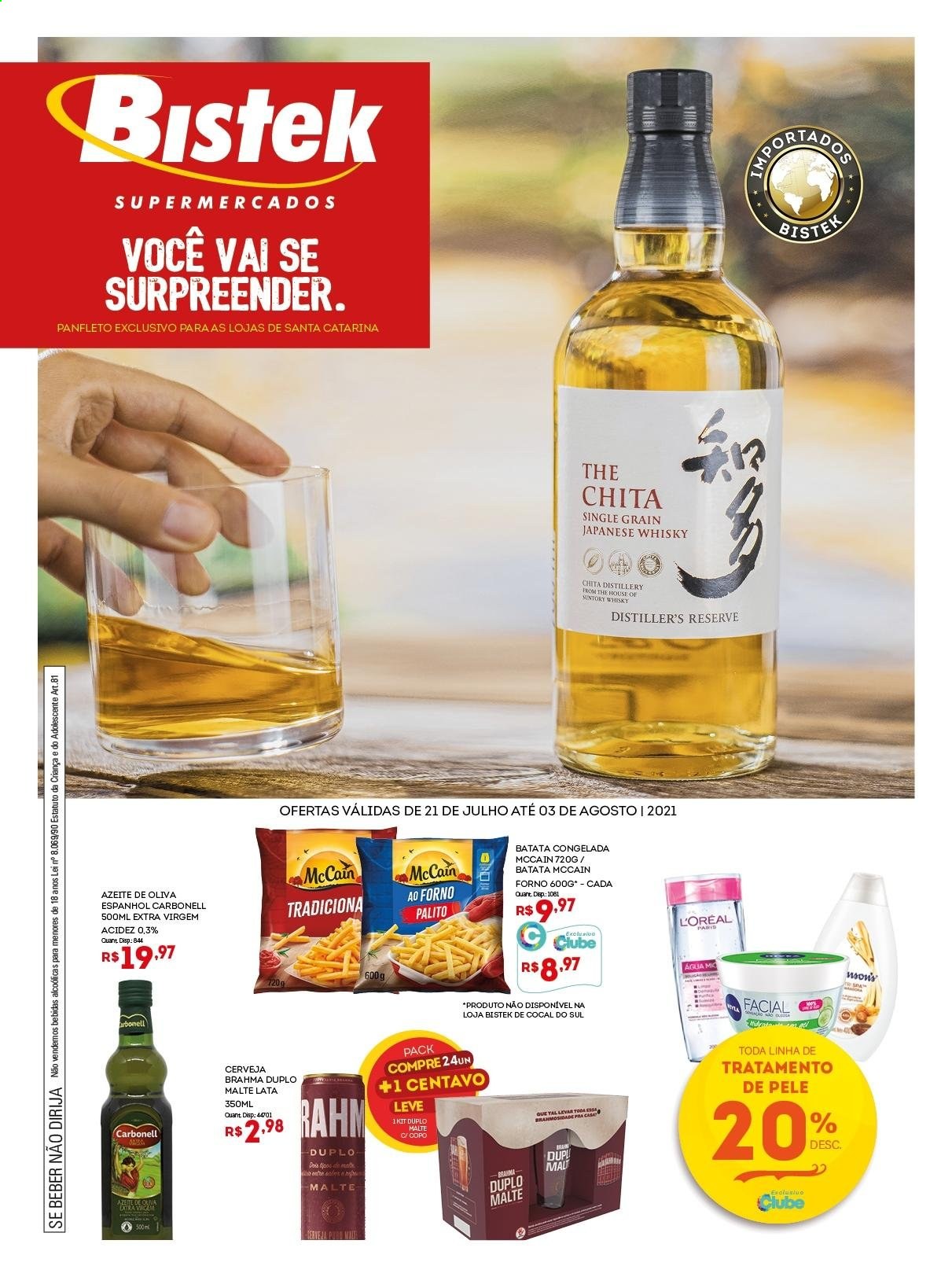 thumbnail - Folheto Bistek Supermercados - 21/07/2021 - 03/08/2021 - Produtos em promoção - Brahma, cerveja, batata, McCain, batata congelada, azeite de oliva, whiskey, L’Oréal, copo. Página 1.
