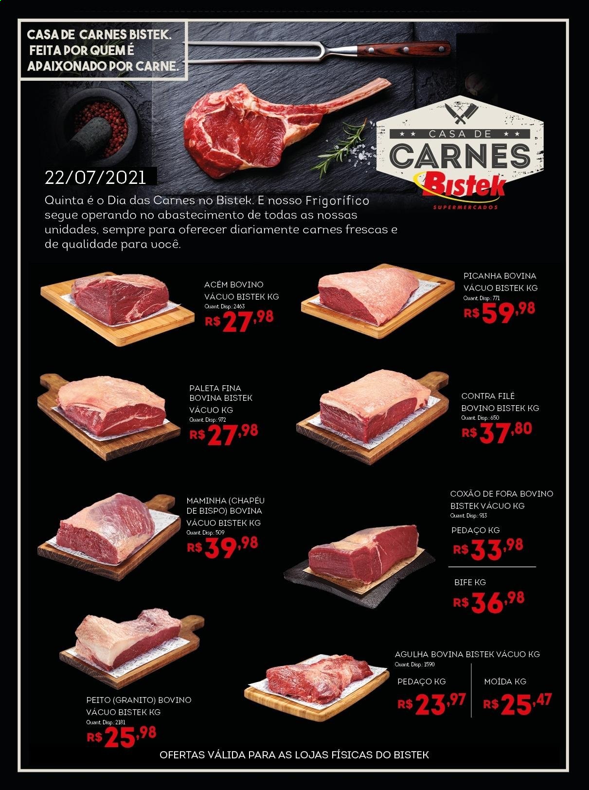 thumbnail - Folheto Bistek Supermercados - 22/07/2021 - 22/07/2021 - Produtos em promoção - picanha, bife, carne, alcatra. Página 1.