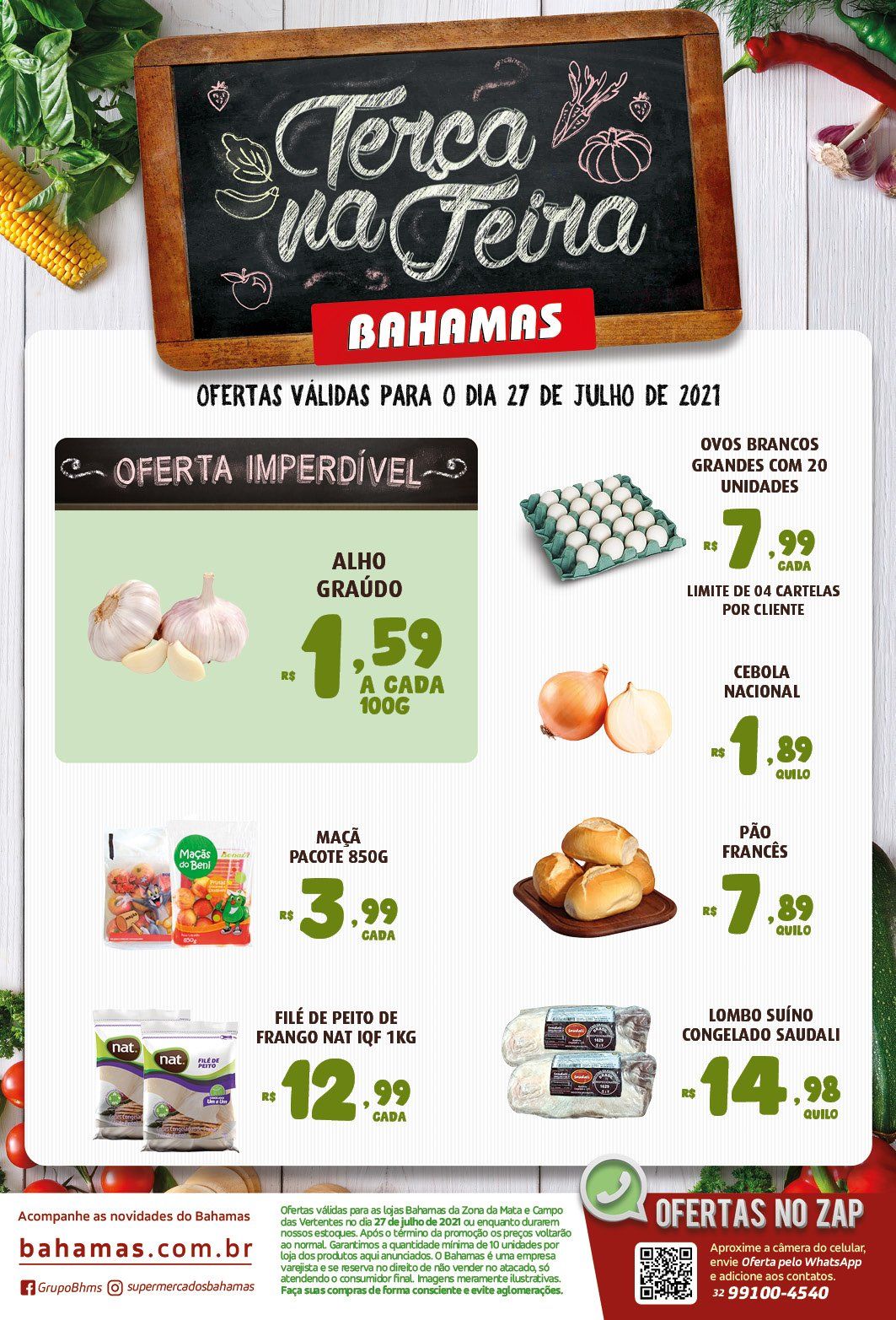 thumbnail - Folheto Bahamas Supermercados - 27/07/2021 - 27/07/2021 - Produtos em promoção - maçã, alho, cebola, lombo, pão, peito de frango, ovos, ovos brancos, faca. Página 1.