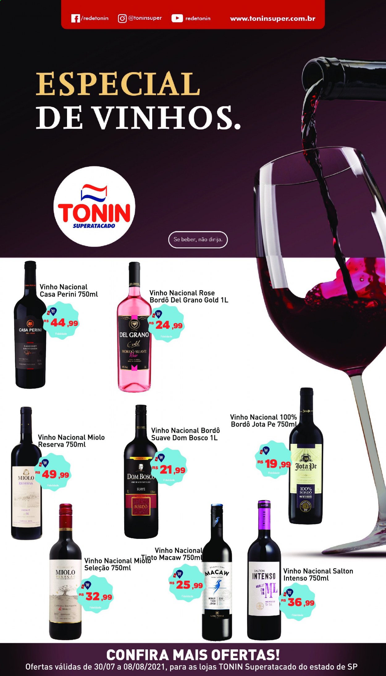 thumbnail - Folheto Tonin - 30/07/2021 - 08/08/2021 - Produtos em promoção - vinho, merlot, cabernet, cabernet sauvignon, Salton. Página 1.