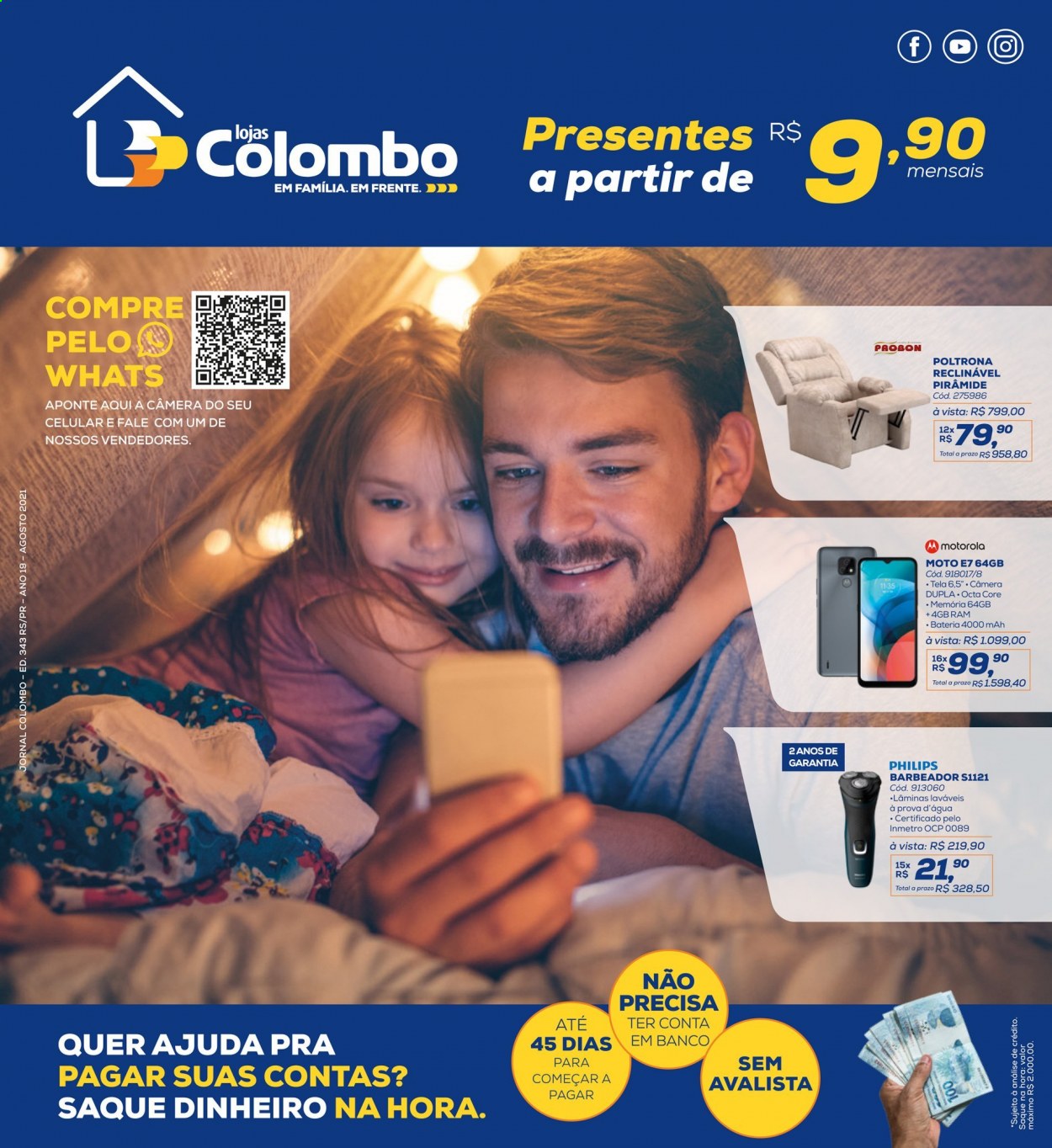 thumbnail - Folheto Lojas Colombo - 01/08/2021 - 31/08/2021 - Produtos em promoção - Motorola, Moto E7, aparelho de barbear, poltrona. Página 1.