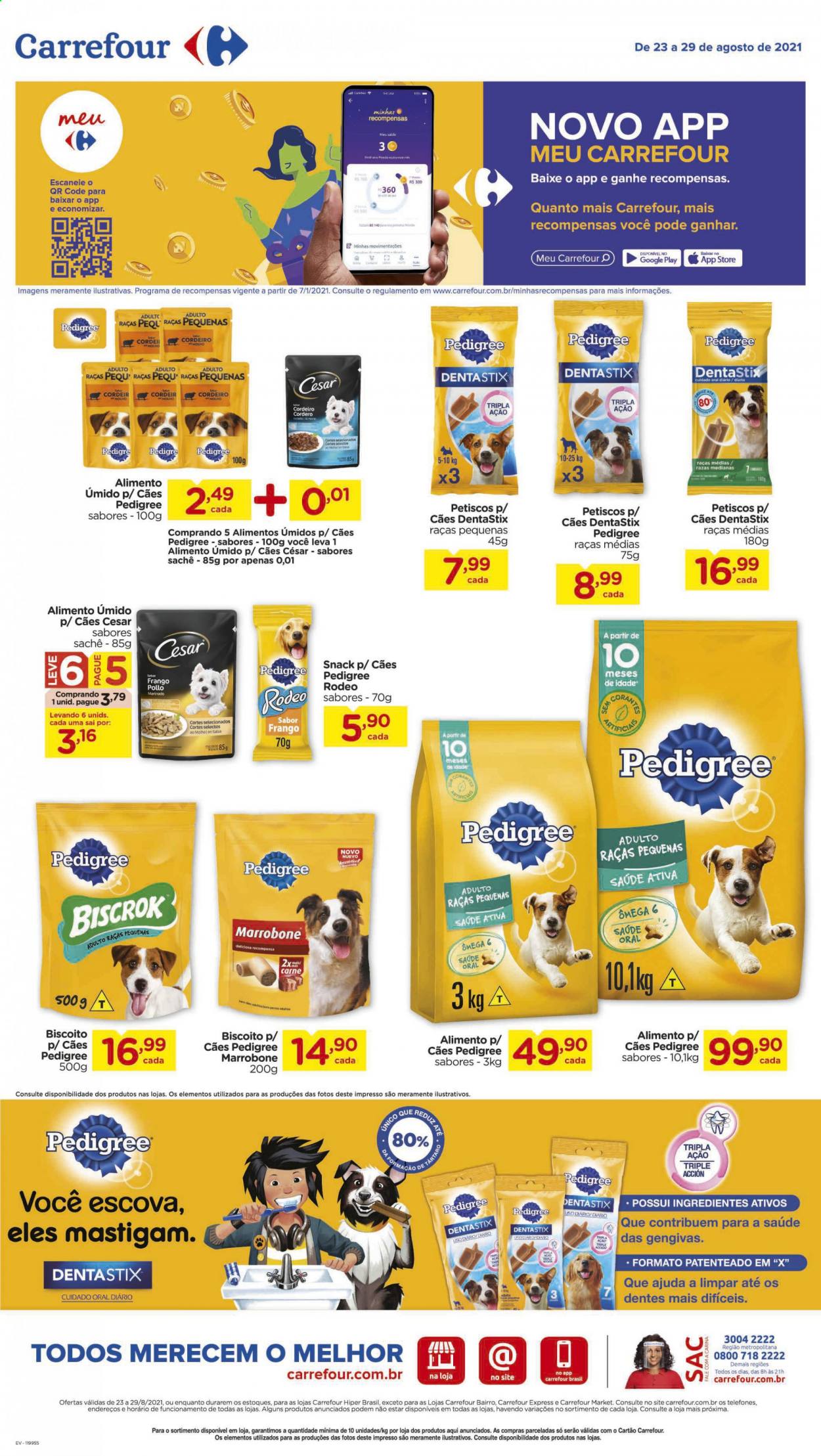 thumbnail - Folheto Carrefour Hiper - 23/08/2021 - 29/08/2021 - Produtos em promoção - cordeiro, escova, alimentos para cães, Pedigree, Dentastix. Página 1.