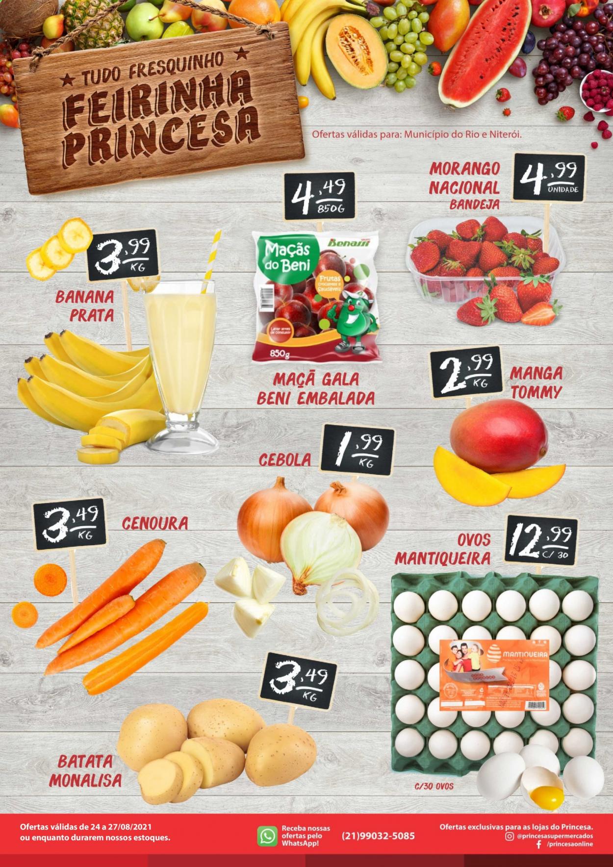 thumbnail - Folheto Princesa Supermercados - 24/08/2021 - 27/08/2021 - Produtos em promoção - banana, maçã, morango, manga, cebola, cenoura, ovos, bandeja. Página 1.