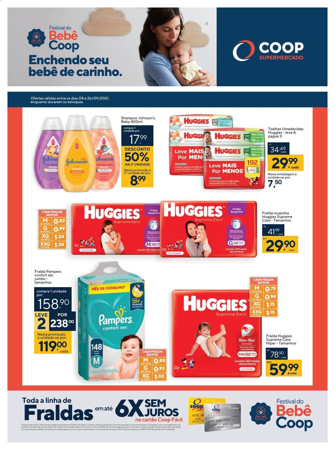 thumbnail - Folheto Coop - 08/09/2021 - 26/09/2021 - Produtos em promoção - Huggies, Pampers, toalha umedecida, fraldas, Johnson & Johnson, shampoo. Página 1.