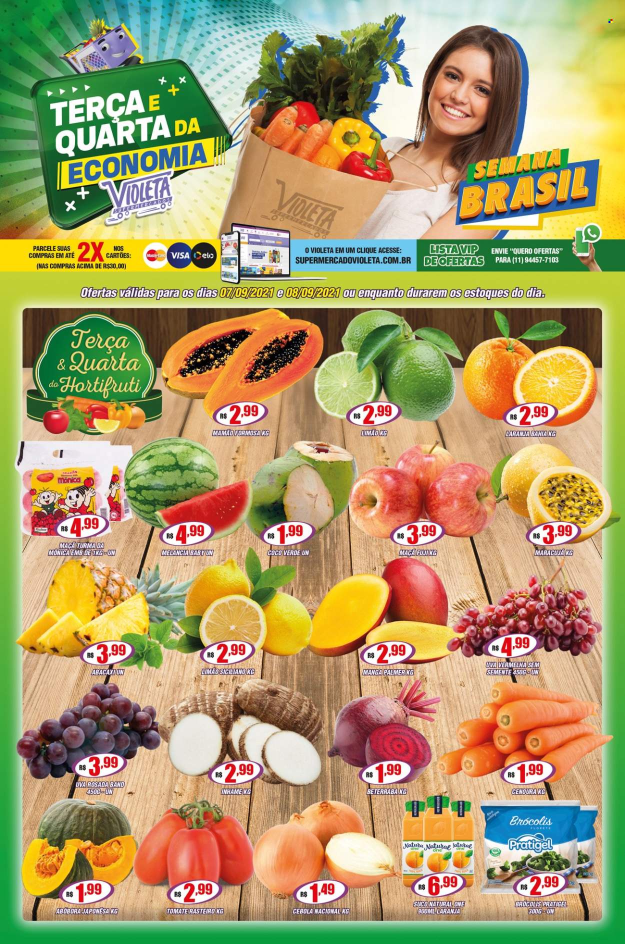 thumbnail - Folheto Supermercado Violeta - 07/09/2021 - 08/09/2021 - Produtos em promoção - maçã, abacaxi, papaia, melancia, limão, mamão, manga, abóbora, beterraba, cebola, cenoura, brócoli, coco, suco. Página 1.