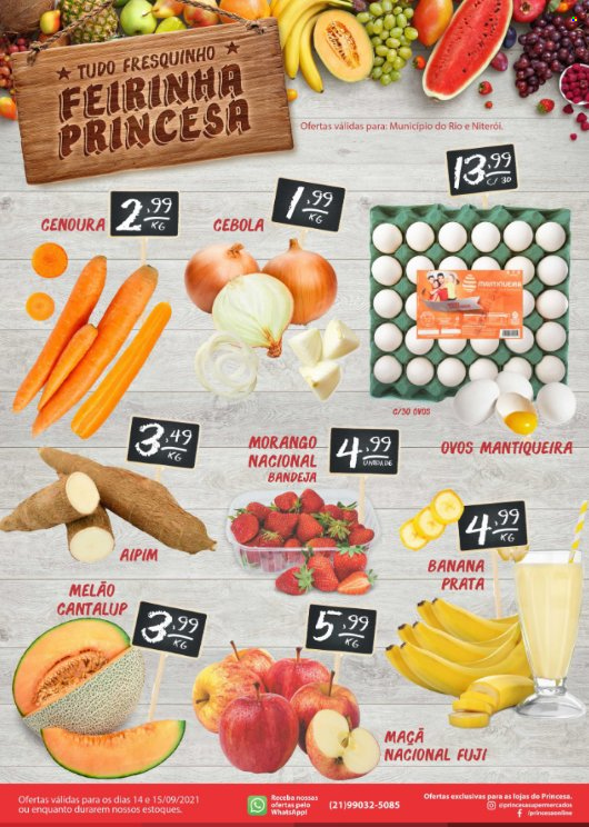 thumbnail - Folheto Princesa Supermercados - 14/09/2021 - 15/09/2021 - Produtos em promoção - banana, maçã, morango, melão, cebola, cenoura, ovos, bandeja. Página 1.