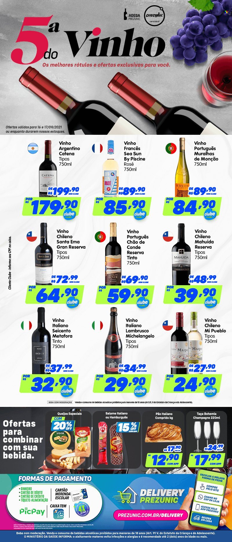 thumbnail - Folheto Prezunic - 16/09/2021 - 17/09/2021 - Produtos em promoção - salame, Vigor, Président, bebida, vinho, champagne, vinho argentino, vinho chileno, vinho italiano, vinho português, lambrusco, taça. Página 1.