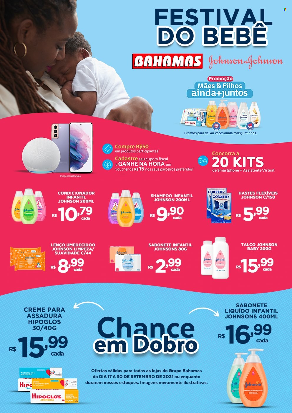 thumbnail - Folheto Bahamas Supermercados - 17/09/2021 - 30/09/2021 - Produtos em promoção - sabonete, Johnson & Johnson, talco, cotonetes, lenço, condicionador, shampoo, sabonete liquido. Página 1.