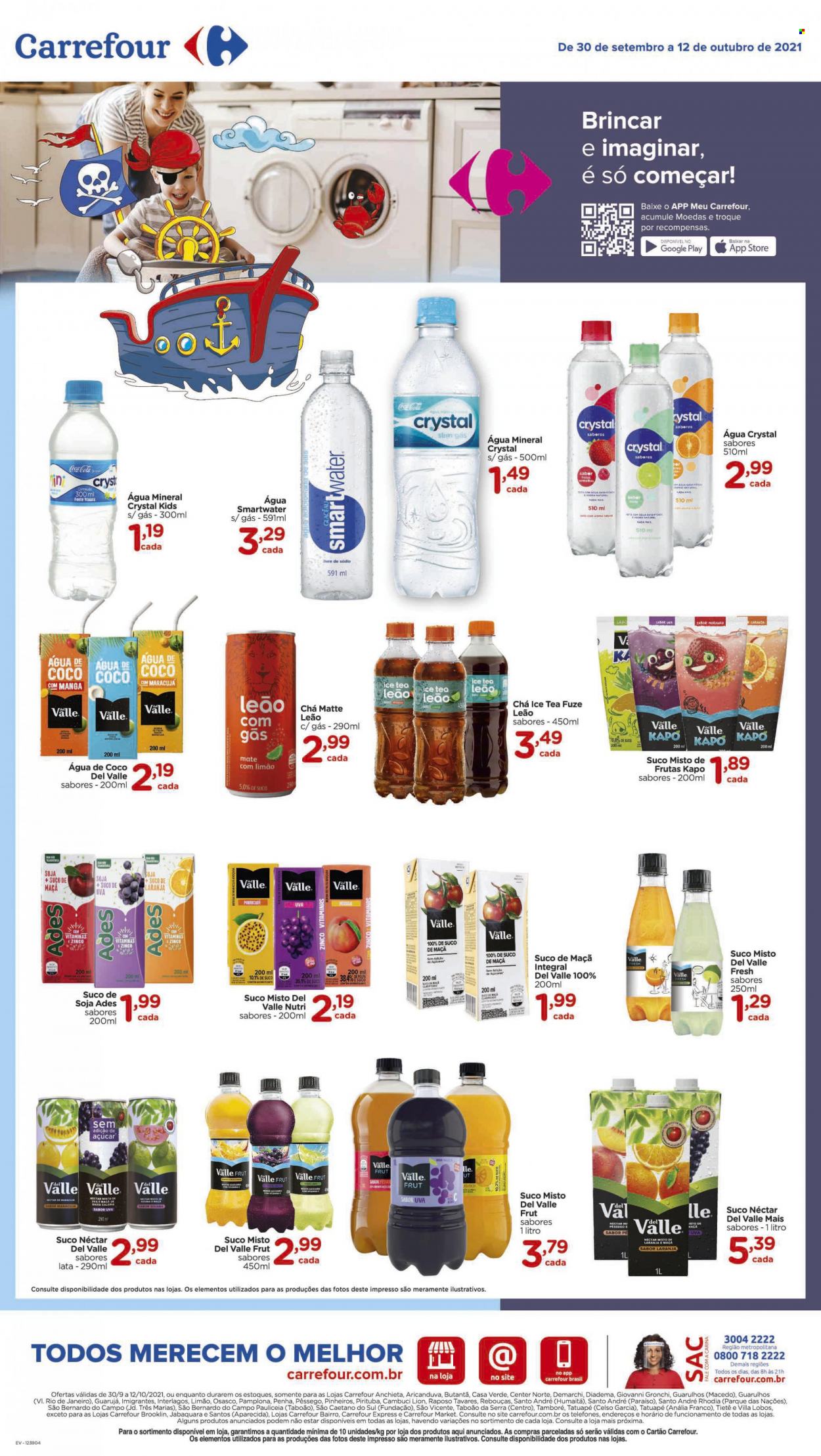 thumbnail - Folheto Carrefour Hiper - 30/09/2021 - 12/10/2021 - Produtos em promoção - soja, Coca Cola, nectar, sumo de laranja, suco de uva, ice tea, água mineral, Penha, água de coco, chá. Página 24.