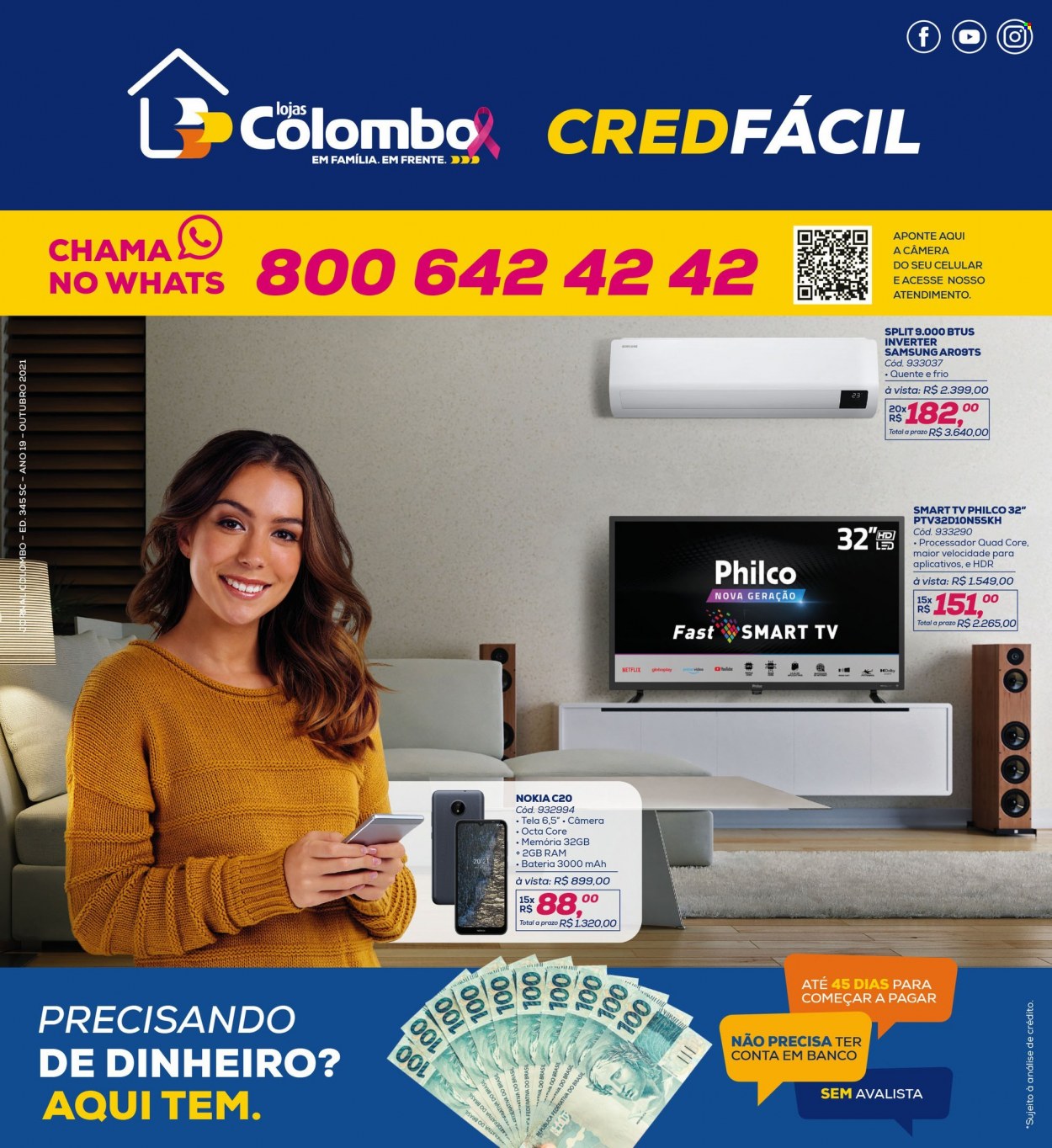thumbnail - Folheto Lojas Colombo - 01/10/2021 - 31/10/2021 - Produtos em promoção - Samsung, Philco, bateria, Smart TV. Página 1.