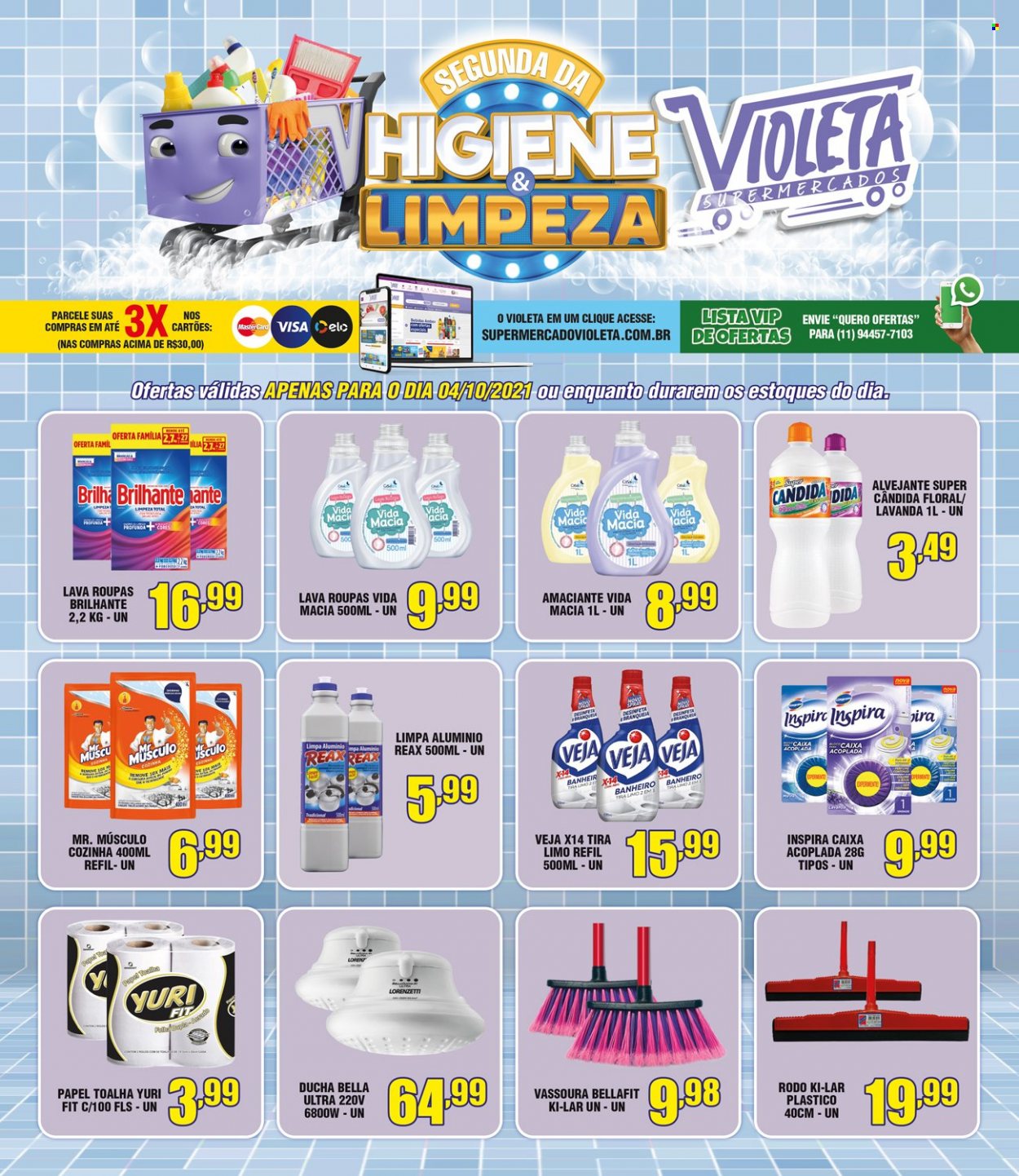 thumbnail - Folheto Supermercado Violeta - 04/10/2021 - 04/10/2021 - Produtos em promoção - papel toalha, alvejante, amaciante, lava roupas, vassoura. Página 1.