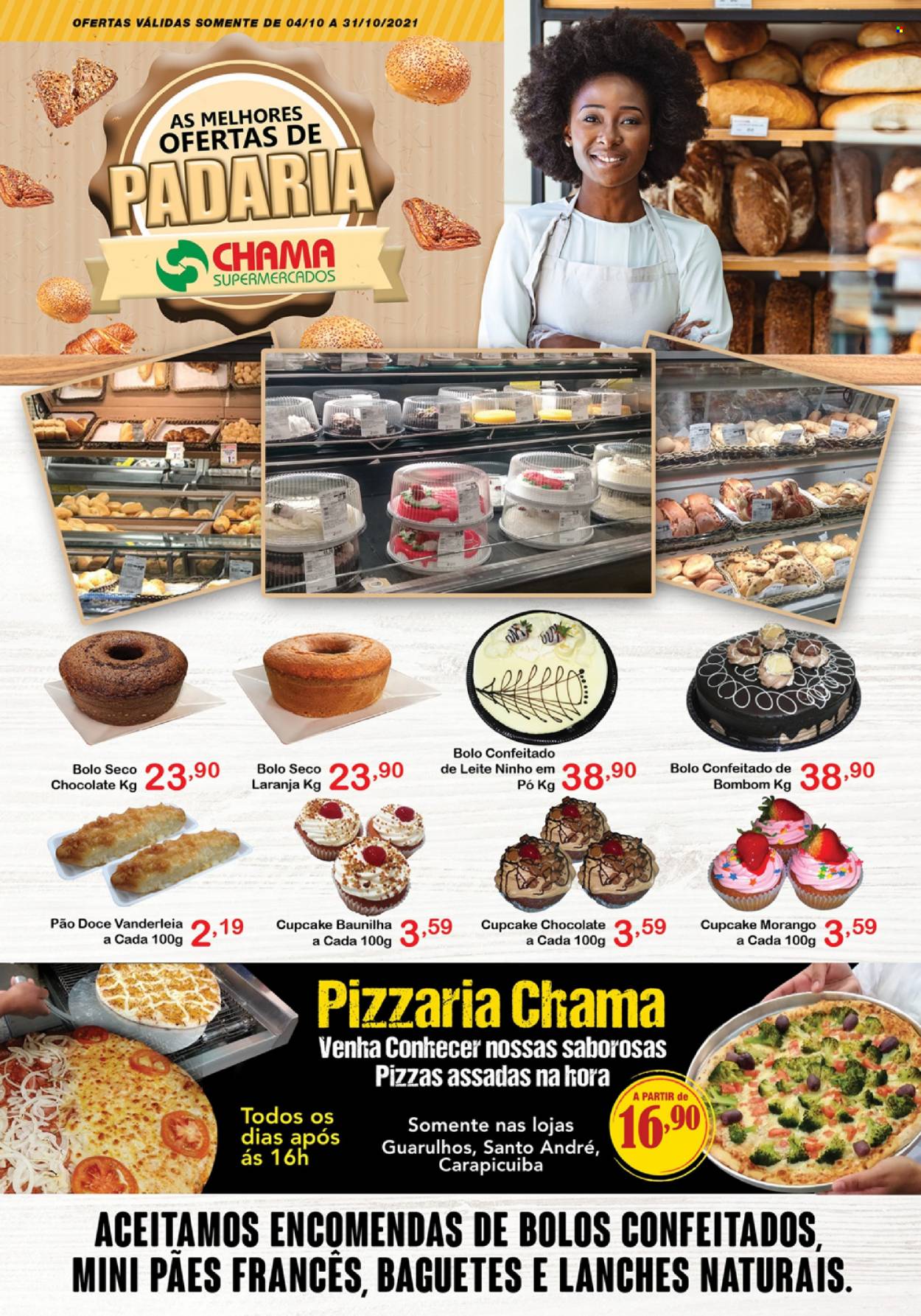 thumbnail - Folheto Chama Supermercados - 04/10/2021 - 31/10/2021 - Produtos em promoção - laranja, pão, bolo, pizza, bombom, caramelos. Página 1.