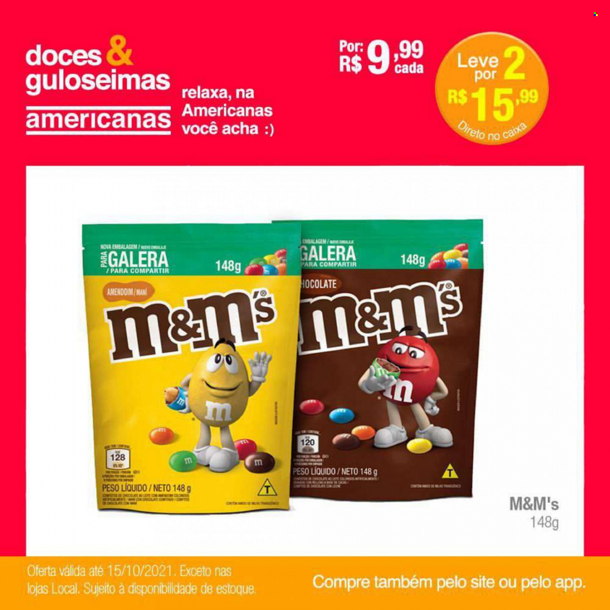 thumbnail - Folheto Lojas Americanas - 12/10/2021 - 15/10/2021 - Produtos em promoção - M&M's, amendoim. Página 1.