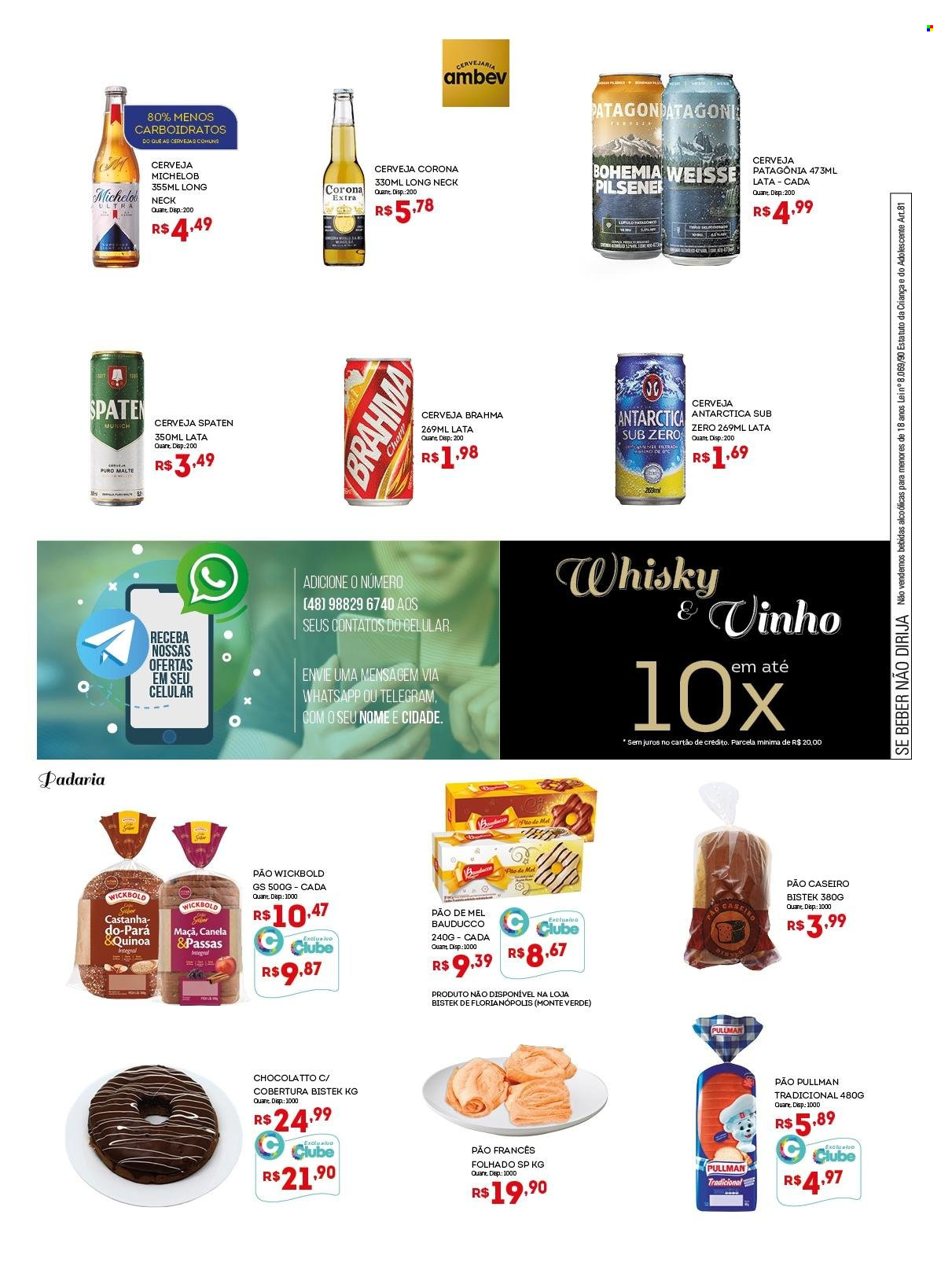 thumbnail - Folheto Bistek Supermercados - 13/10/2021 - 26/10/2021 - Produtos em promoção - Corona, Patagonia, Brahma, Sub Zero, Antárctica, cerveja, Puro Malte, vinho, whiskey. Página 8.
