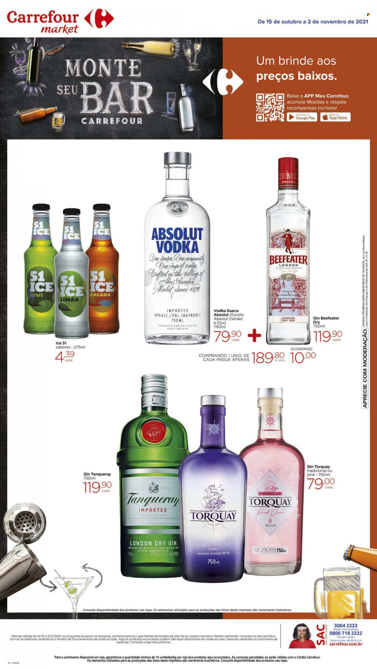 thumbnail - Folheto Carrefour Market - 15/10/2021 - 02/11/2021 - Produtos em promoção - kiwi, limão, Absolut Vodka, Beefeater, gin, vodka, London Dry Gin, Tanqueray. Página 2.