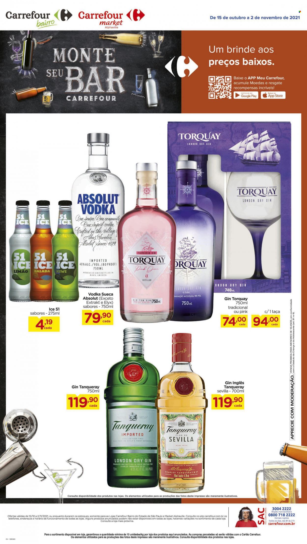 thumbnail - Folheto Carrefour - 15/10/2021 - 02/11/2021 - Produtos em promoção - kiwi, limão, Absolut Vodka, gin, vodka, London Dry Gin, Tanqueray, taça. Página 2.