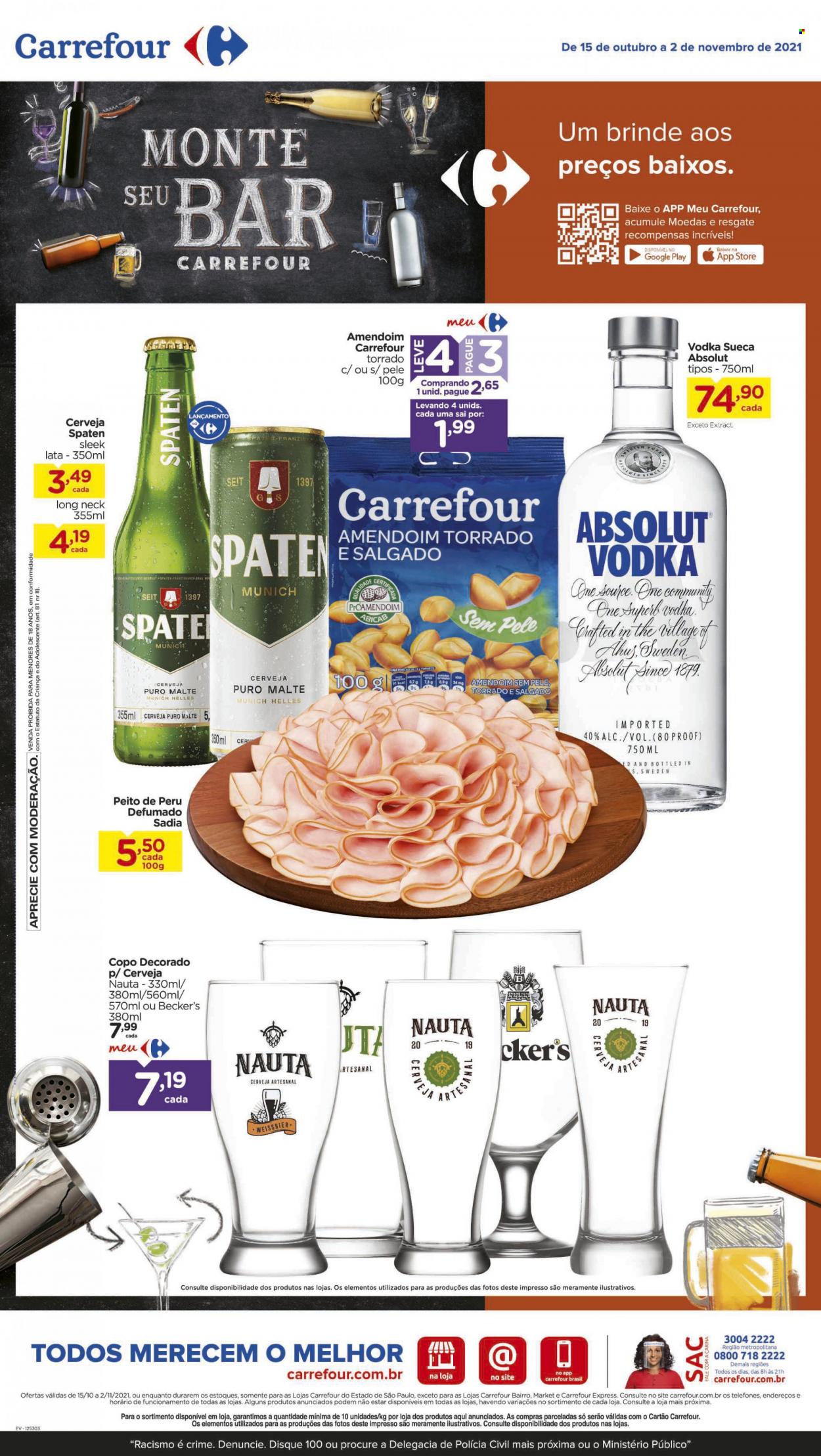 thumbnail - Folheto Carrefour Hiper - 15/10/2021 - 02/11/2021 - Produtos em promoção - Weissbier, cerveja, Puro Malte, peito de peru, perú, amendoim, Absolut Vodka, vodka, copo. Página 1.