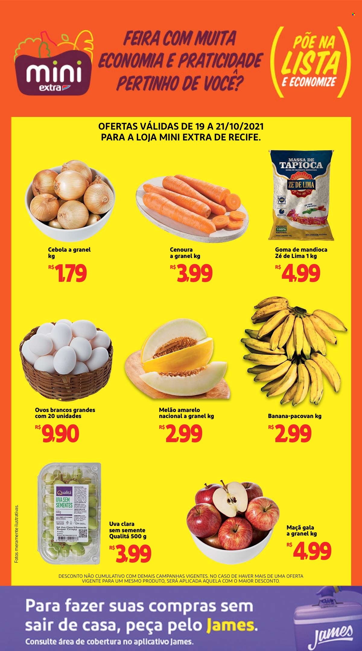 thumbnail - Folheto Mini Extra - 19/10/2021 - 21/10/2021 - Produtos em promoção - banana, maçã, melão, uva, melão amarelo, lima, cebola, cenoura, ovos brancos, tapioca. Página 1.